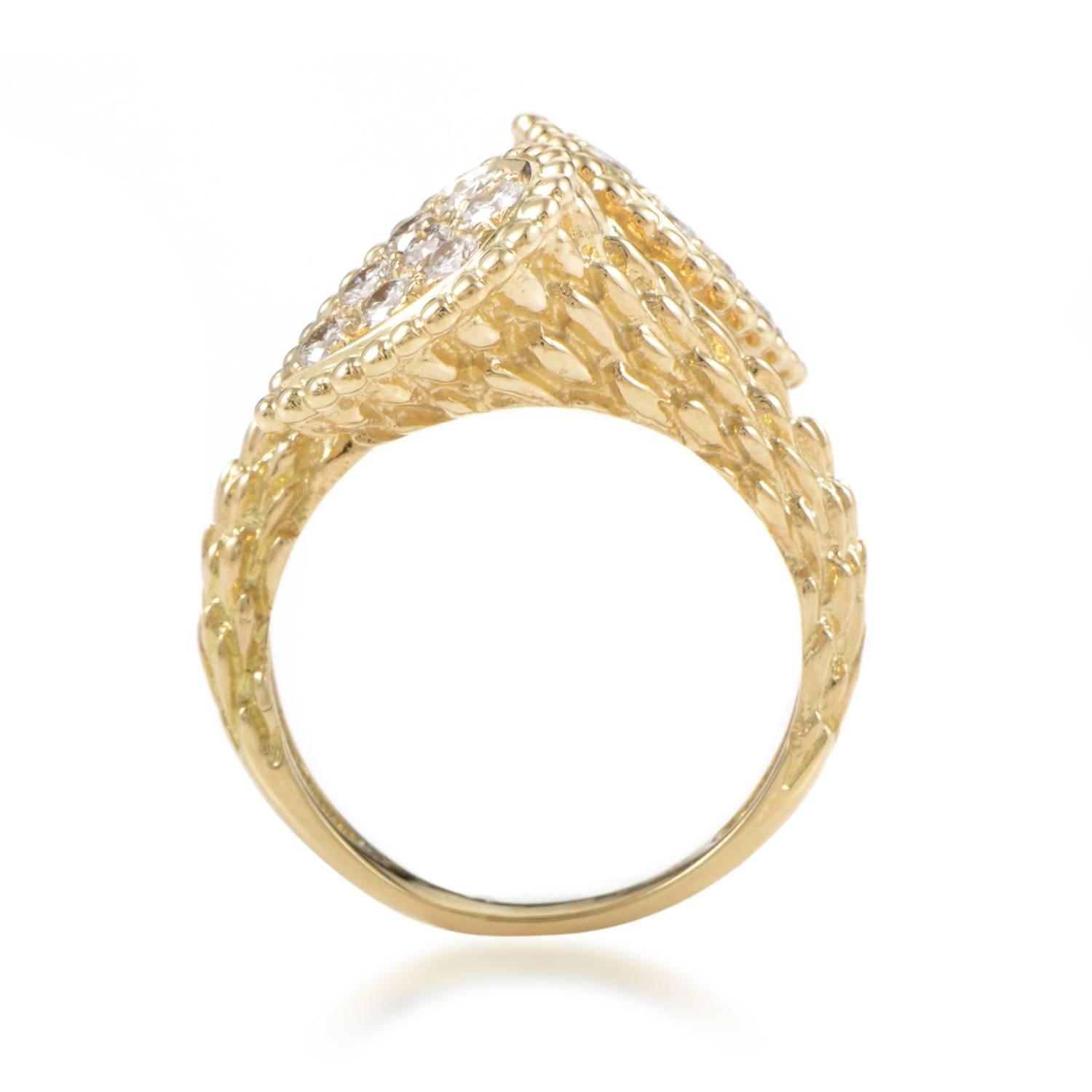 An appealing shape graced with a compelling texture and impeccable finish, this enchanting ring from Boucheron exudes sheer luxurious allure of 18K yellow gold and a scintillating glow of diamonds totaling 0.66ct.
Included Items: Manufacturer's