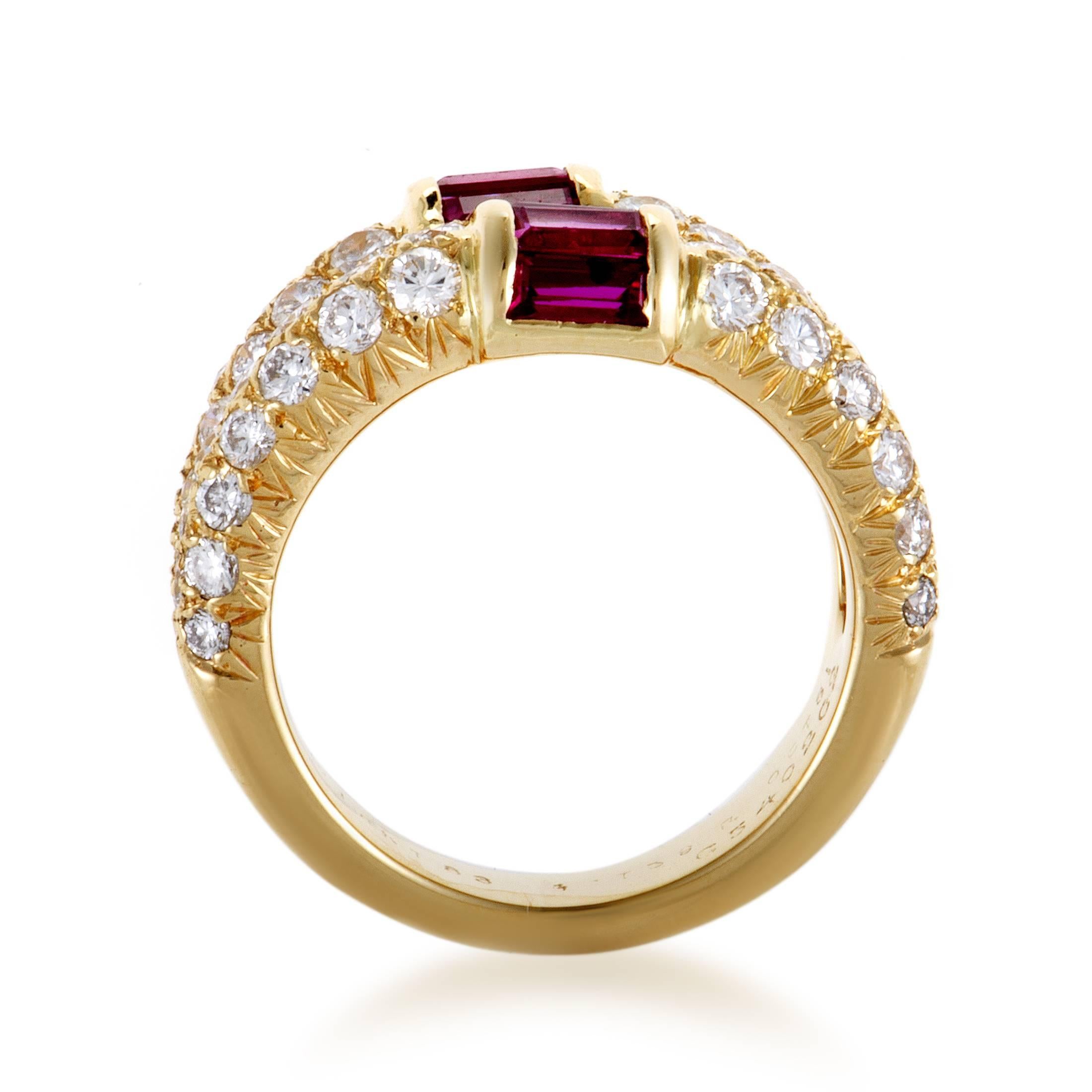 Boasting a glamorous spirit and a stylish blend of precious materials, this delightful ring from Van Cleef & Arpels is made of prestigious 18K yellow gold and adorned with 1.00 carat of sparkling diamonds and 0.81ct of striking rubies.
Included