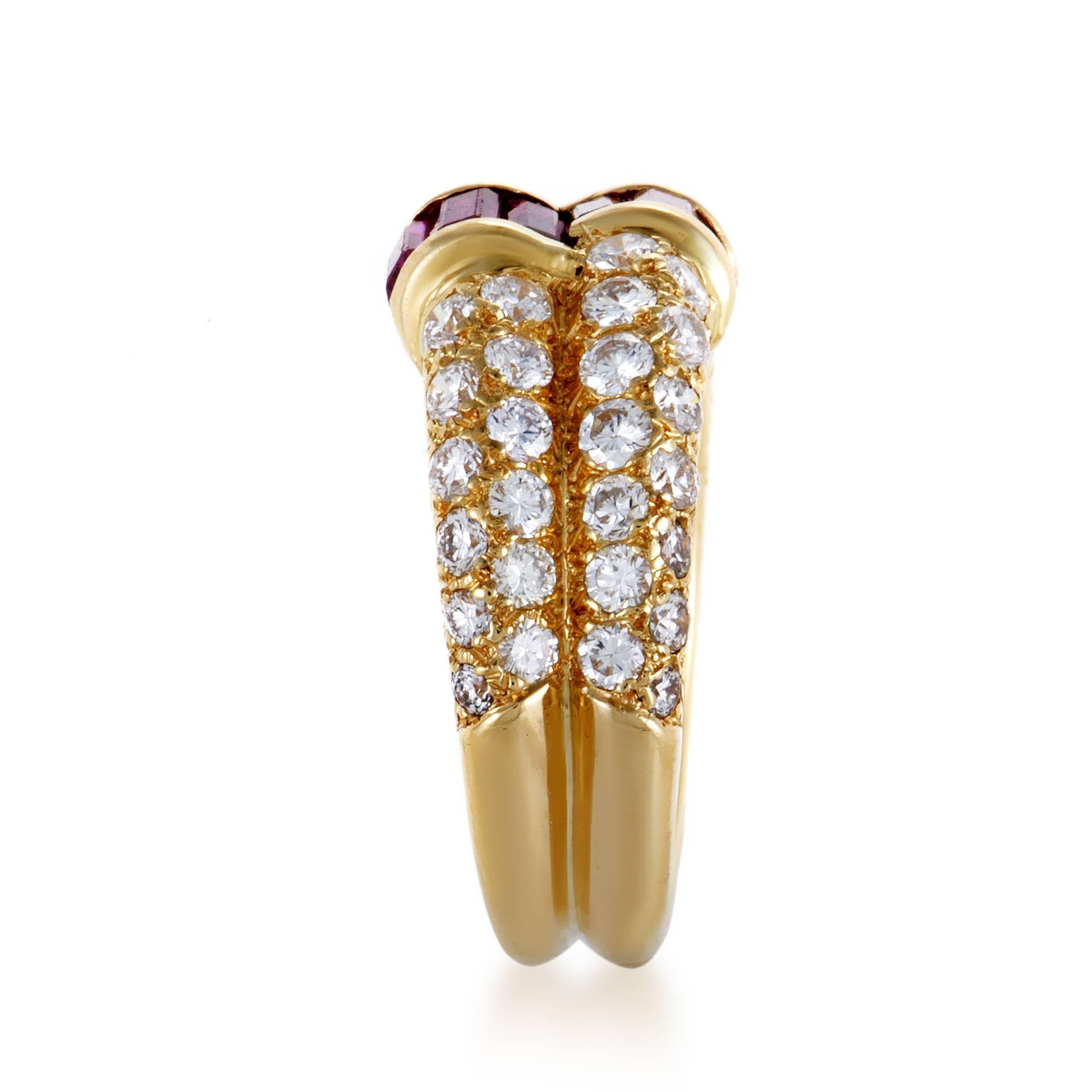 Baguette Cut Van Cleef & Arpels Diamond Pave Baguette Ruby Yellow Gold Double Band Ring