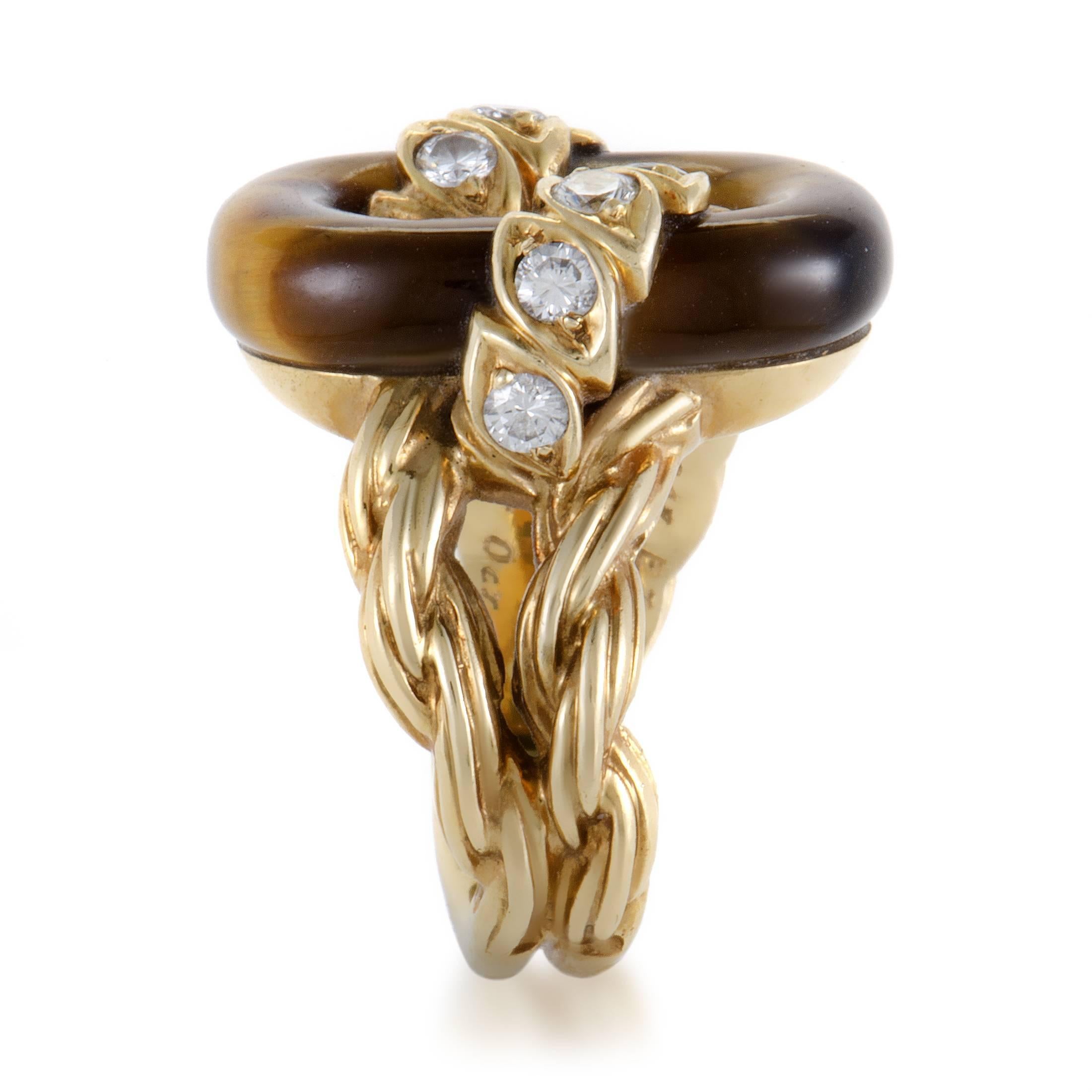 Van Cleef & Arpels Diamond Tiger's Eye Yellow Gold Ring In Excellent Condition In Southampton, PA