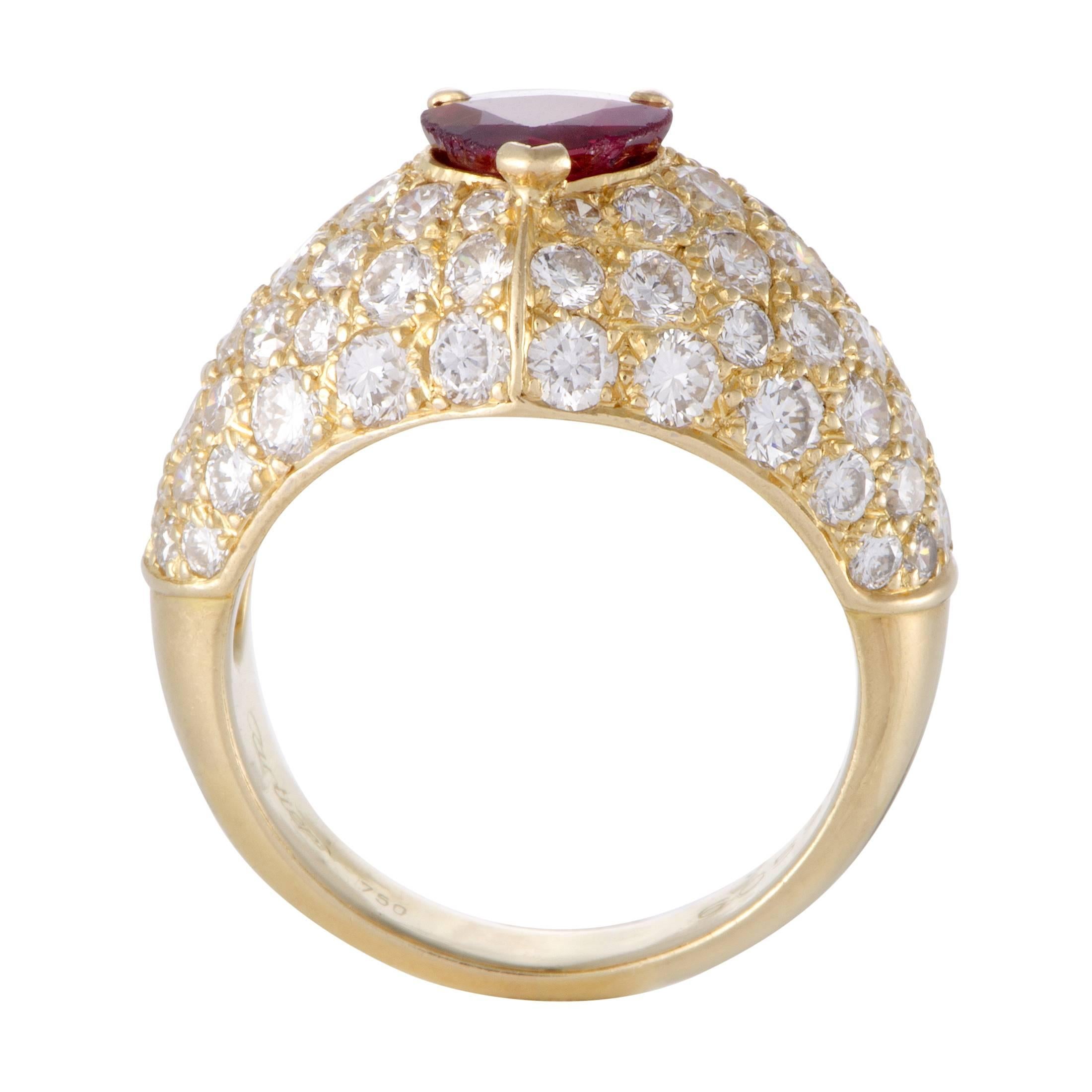 Provided glamorous backdrop by the radiant 18K yellow gold and scintillating diamonds amounting approximately to 2.25 carats, the glorious ruby weighing 1.00 carat produces a memorable allure in this fascinating ring from Cartier.
Included Items: