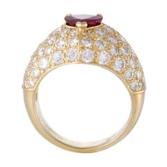 Cartier Diamond Pave Ruby Yellow Gold Solitaire Band Ring