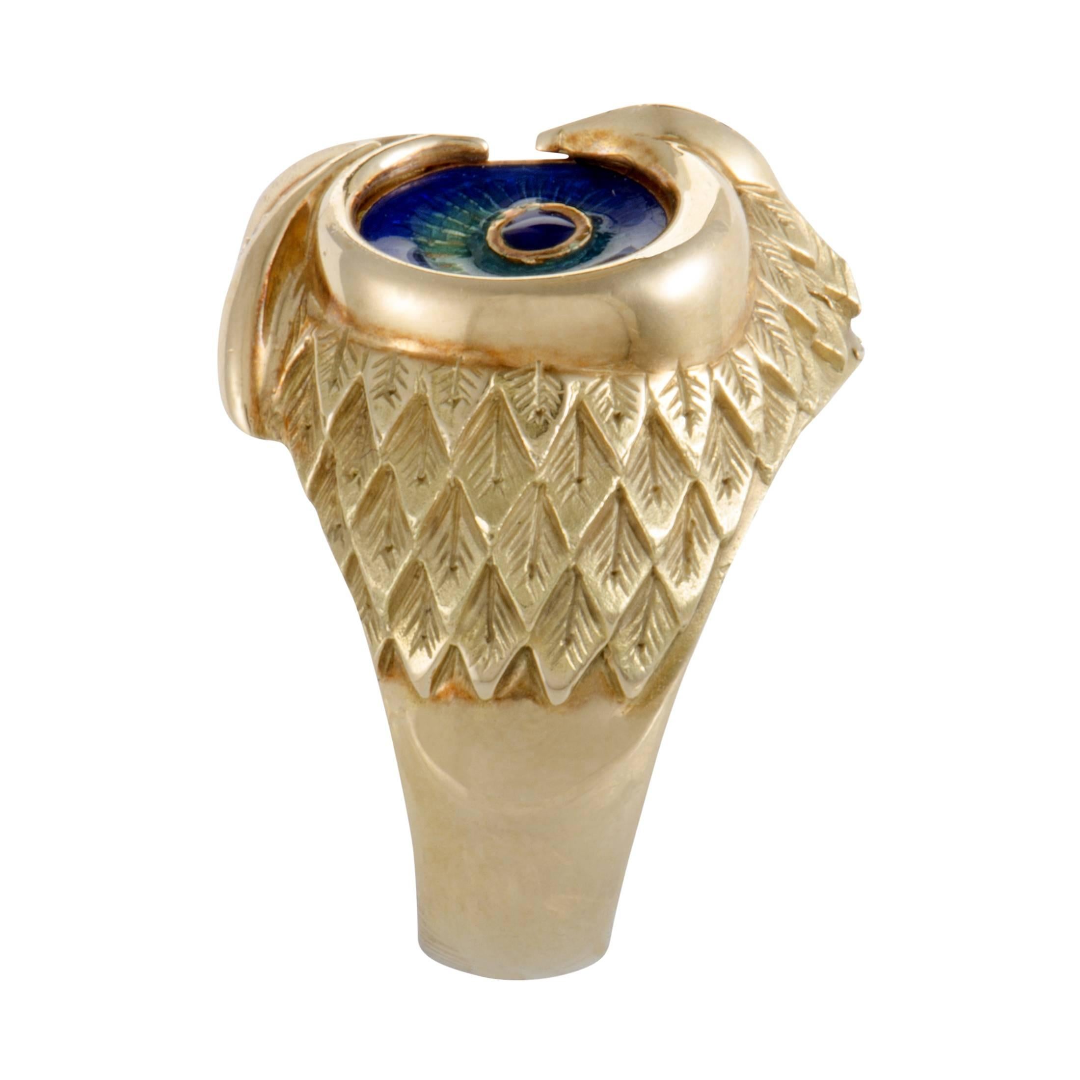 Women's Diamond and Enameled Yellow Gold Owl Ring