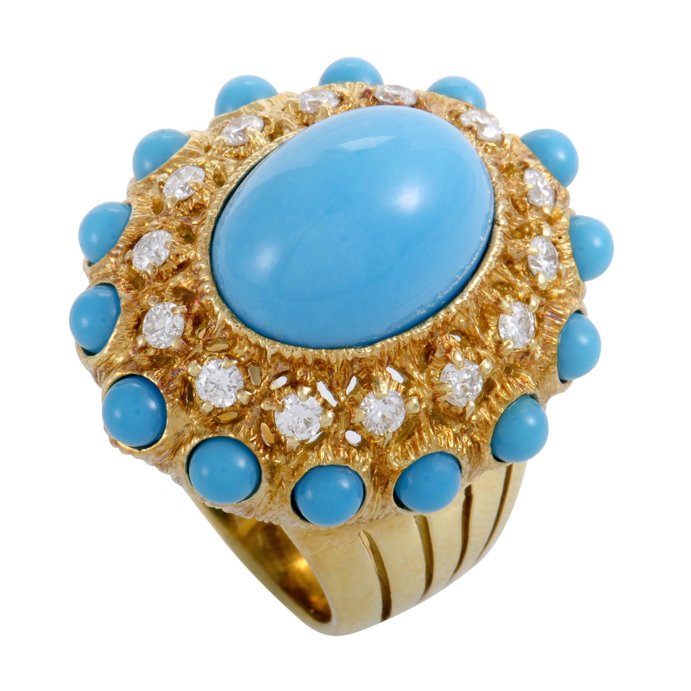 Brilliantly contrasting the passionate nuance and exuberance of 18K yellow gold with their pastel color and splendid appeal, the turquoise stones set a marvelous tone in this gorgeous set which is comprised of a nifty ring and charming earrings,