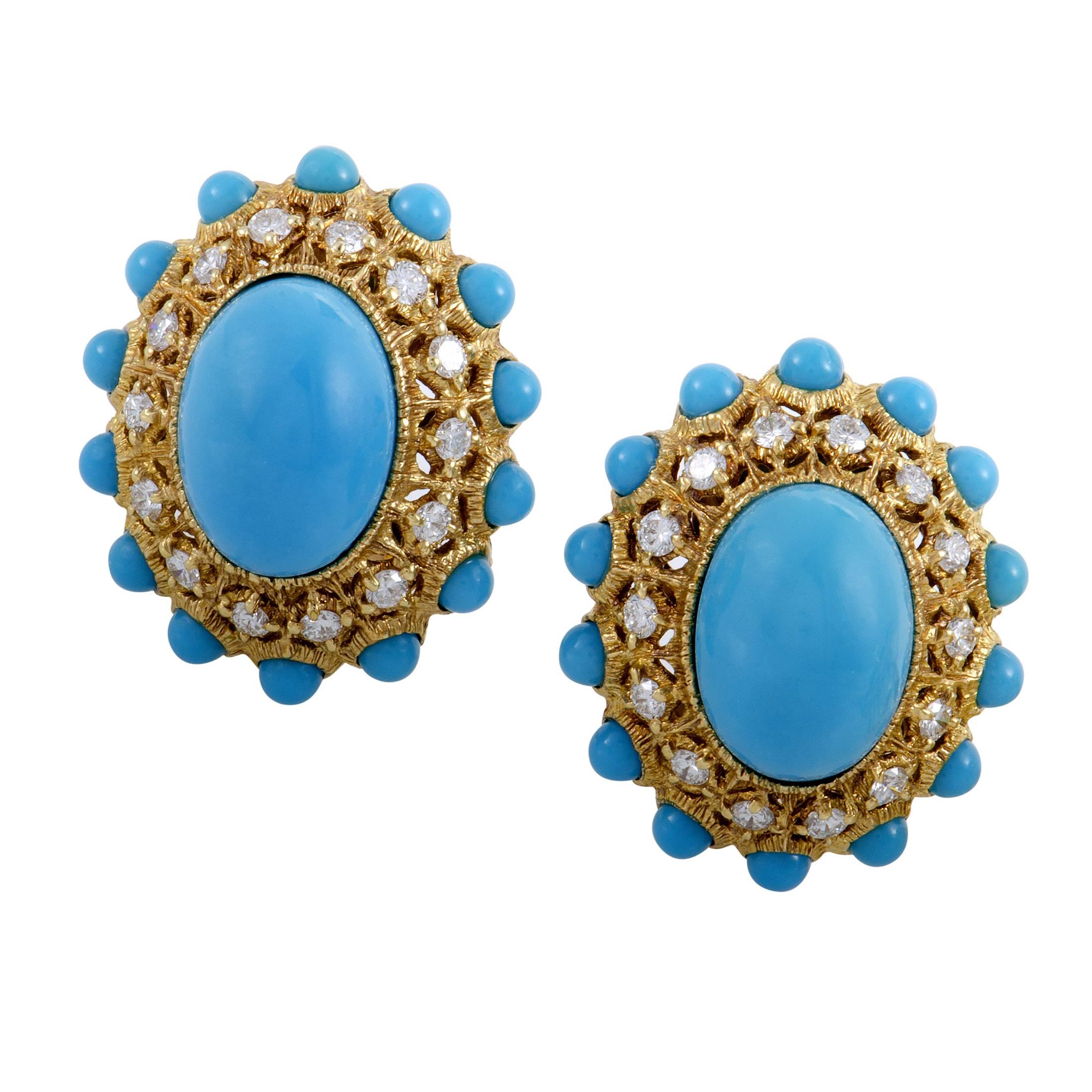Turquoise Diamond Yellow Gold Ring and Clip-On Earring Set In Excellent Condition In Southampton, PA
