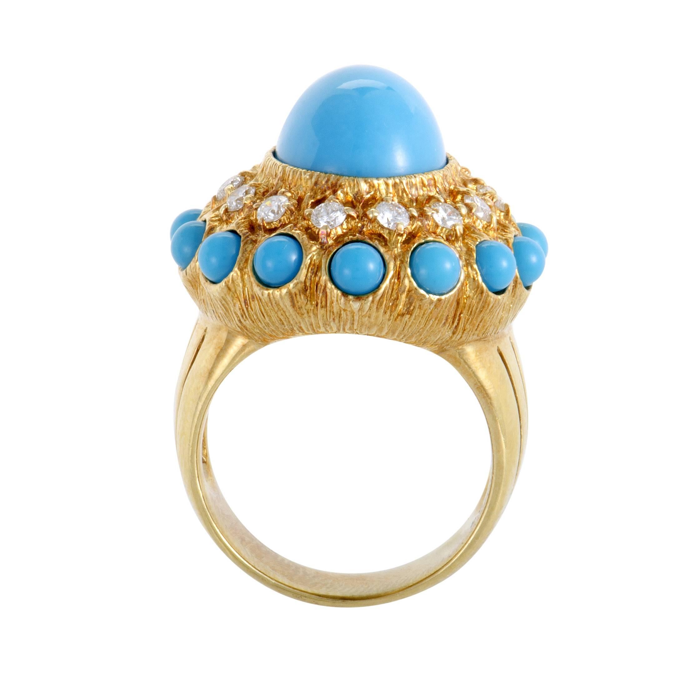 Women's Turquoise Diamond Yellow Gold Ring and Clip-On Earring Set