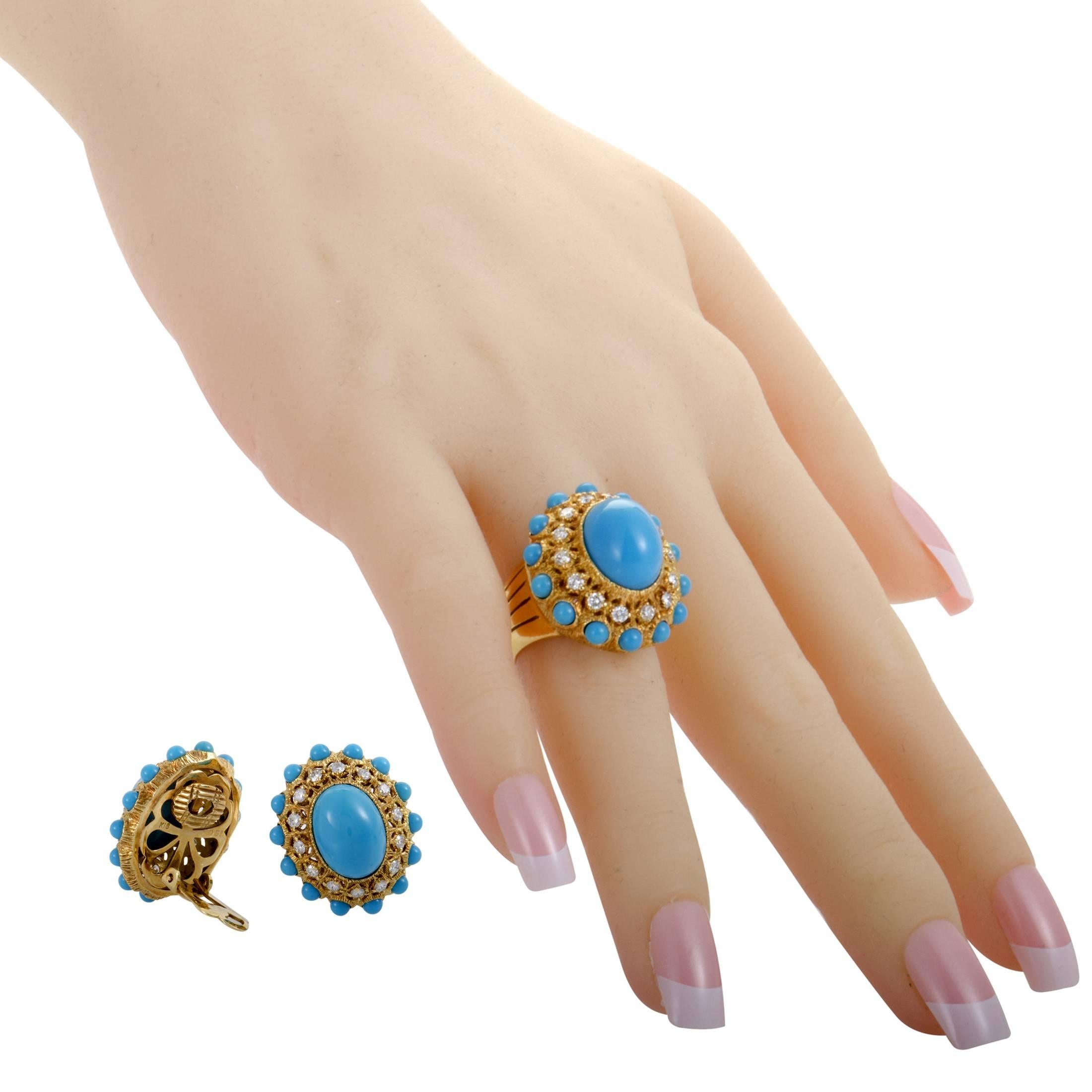 Turquoise Diamond Yellow Gold Ring and Clip-On Earring Set 2