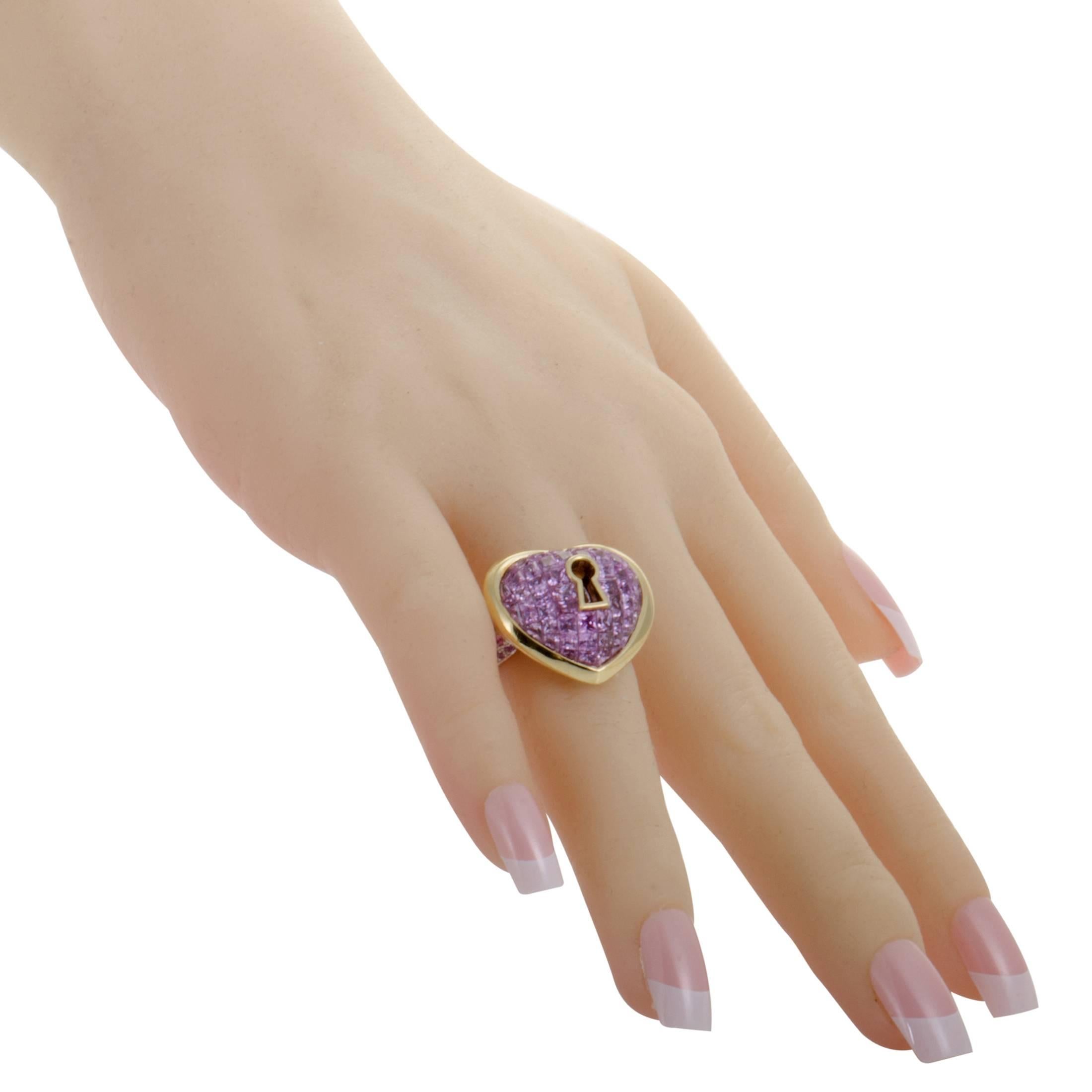 Women's Pink Sapphire Pave White and Yellow Gold Keyhole Heart Ring