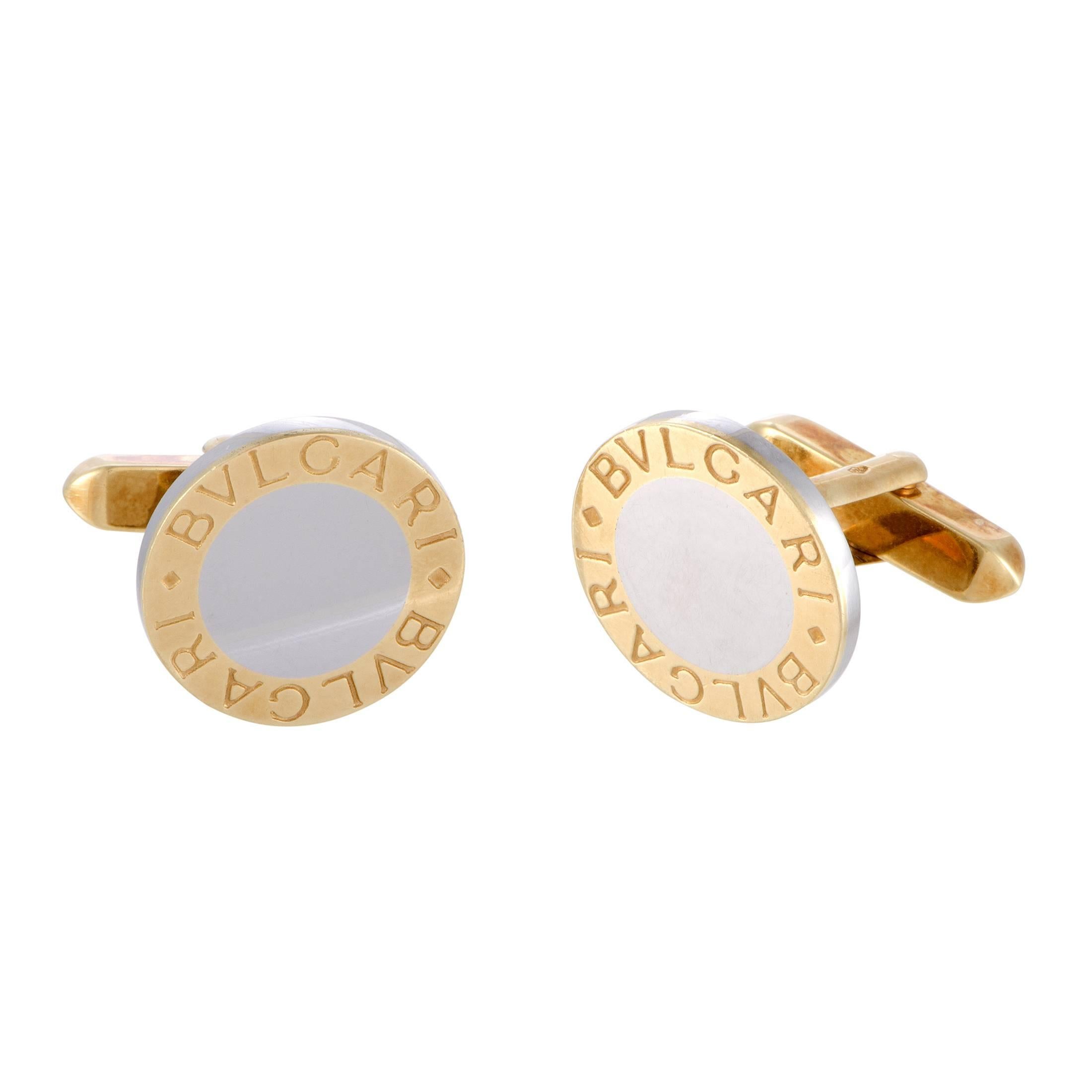 The brand's authentic style of contemporary excellence, elegance and refinement can be clearly seen in this fantastic set of cufflinks and tuxedo buttons from Bulgari made of gleaming stainless steel and 18K yellow gold with delicate inscriptions