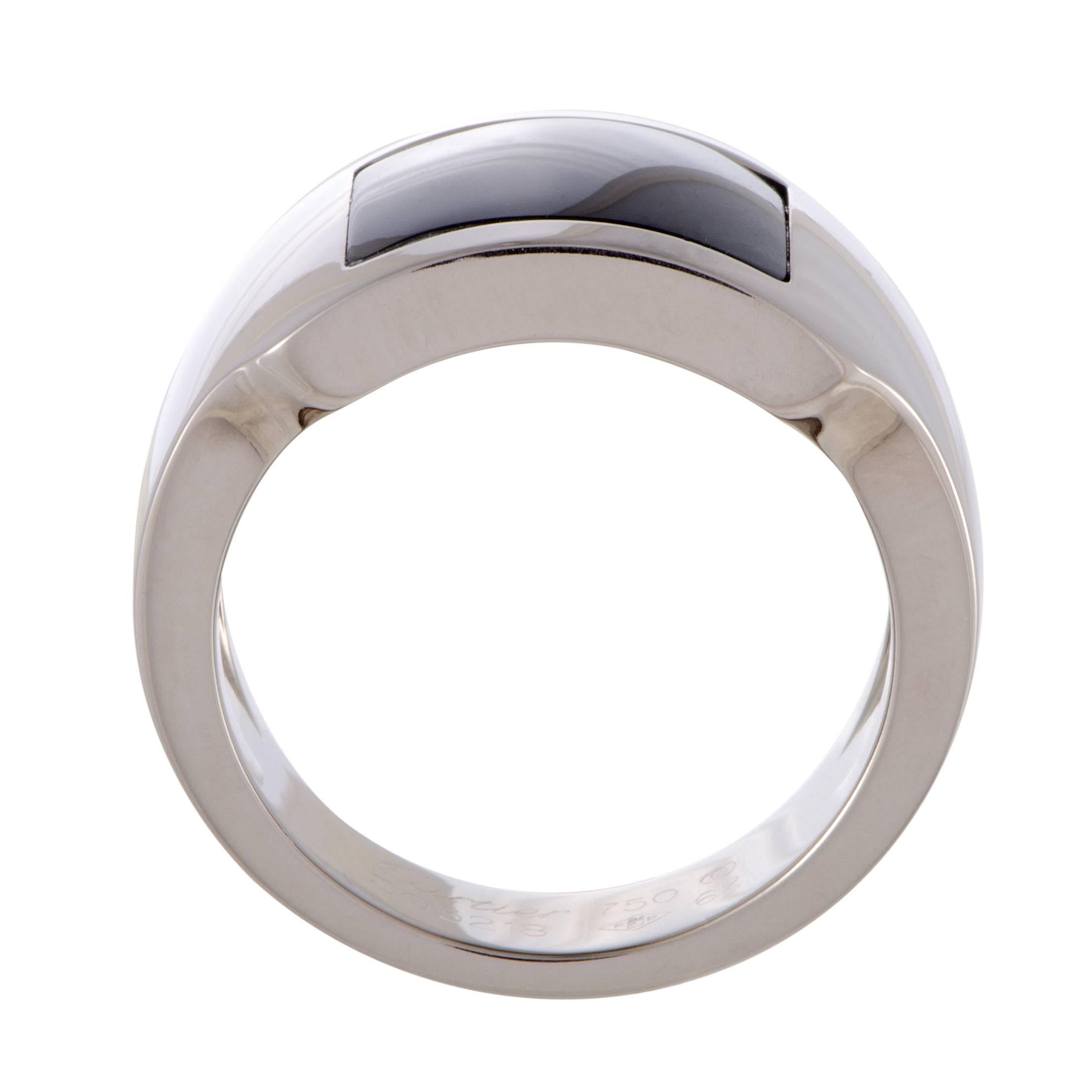Exuding fascinating excellence and slightly unconventional elegance, this bold and exquisitely crafted ring from Cartier is comprised of a tastefully contrasting combination of spotlessly polished 18K white gold and smooth onyx inlay.
Ring Size:
