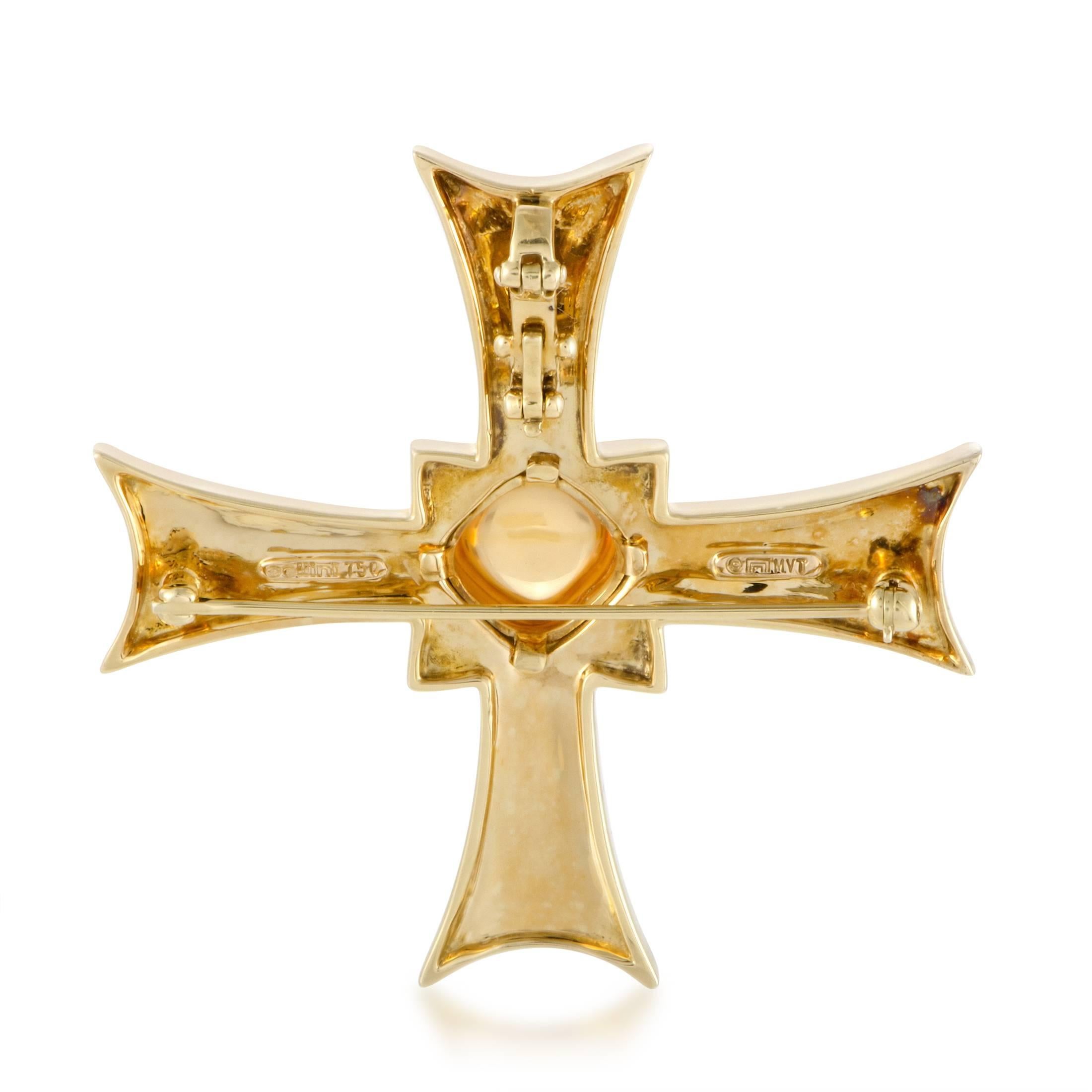Boasting eye-catching appeal thanks to marvelously gleaming citrine and strikingly contrasting enamel, this marvelous pendant/brooch from Cellini is made of 18K yellow gold in the compelling form of the peaceful cross.
