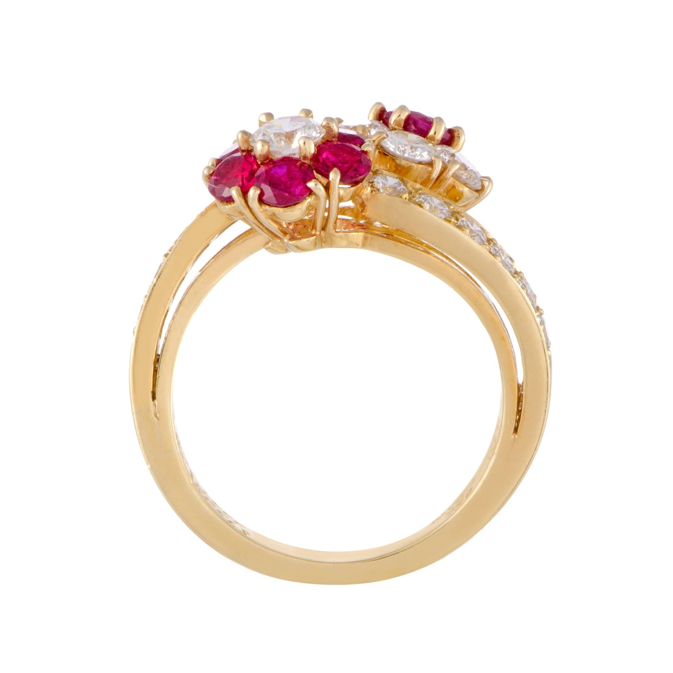 Fascinating E-color diamonds of VVS clarity weigh in total 1.35 carats and are complemented by romantic rubies totaling 1.00 carat in this enchanting ring from Van Cleef & Arpels where precious 18K yellow gold sets a gorgeously warm tone.
Ring