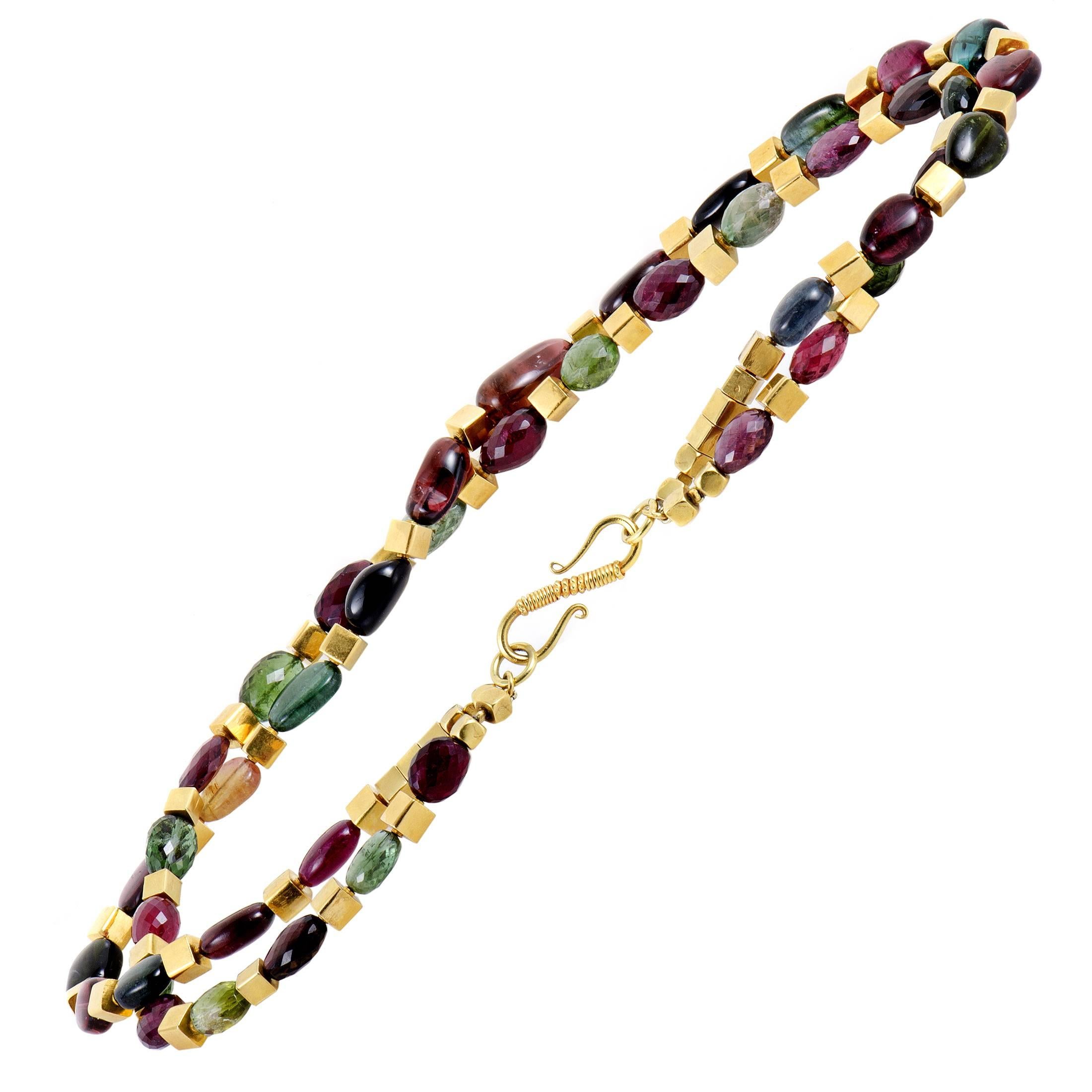 Multiple Color Tourmaline and Yellow Gold Double Strand Necklace In Excellent Condition In Southampton, PA