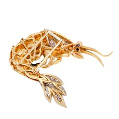 Green Enamel Gold Diamond Sapphire Shrimp Brooch