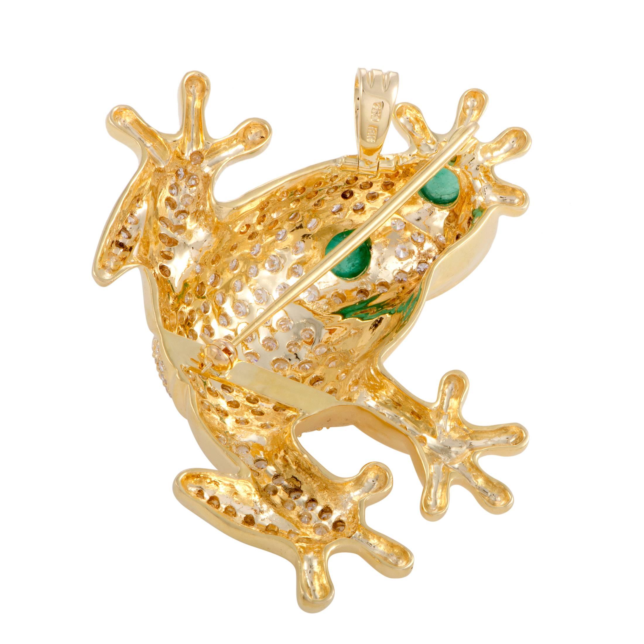An adorable motif presented in a glamorously luxurious setting, the marvelous shape of a frog is comprised of precious 18K yellow gold and glittering diamonds weighing in total approximately 5.80 carats in this enchanting brooch.