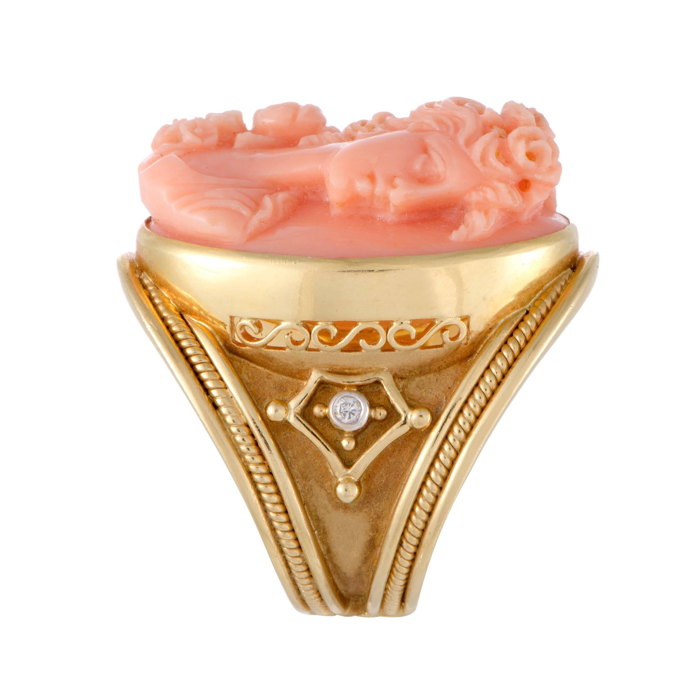 Gold Diamond and Coral Cameo Ring In Excellent Condition In Southampton, PA