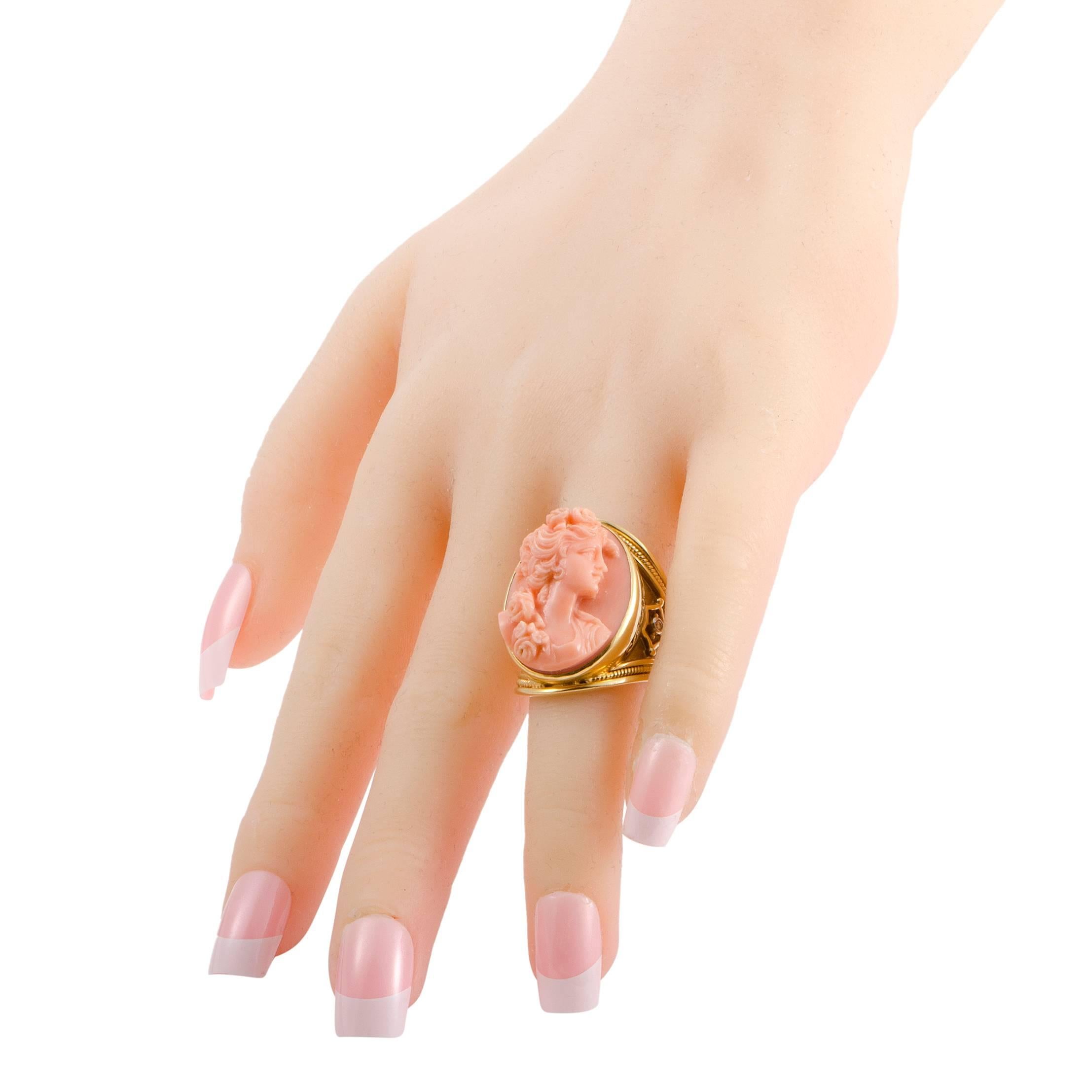Women's Gold Diamond and Coral Cameo Ring
