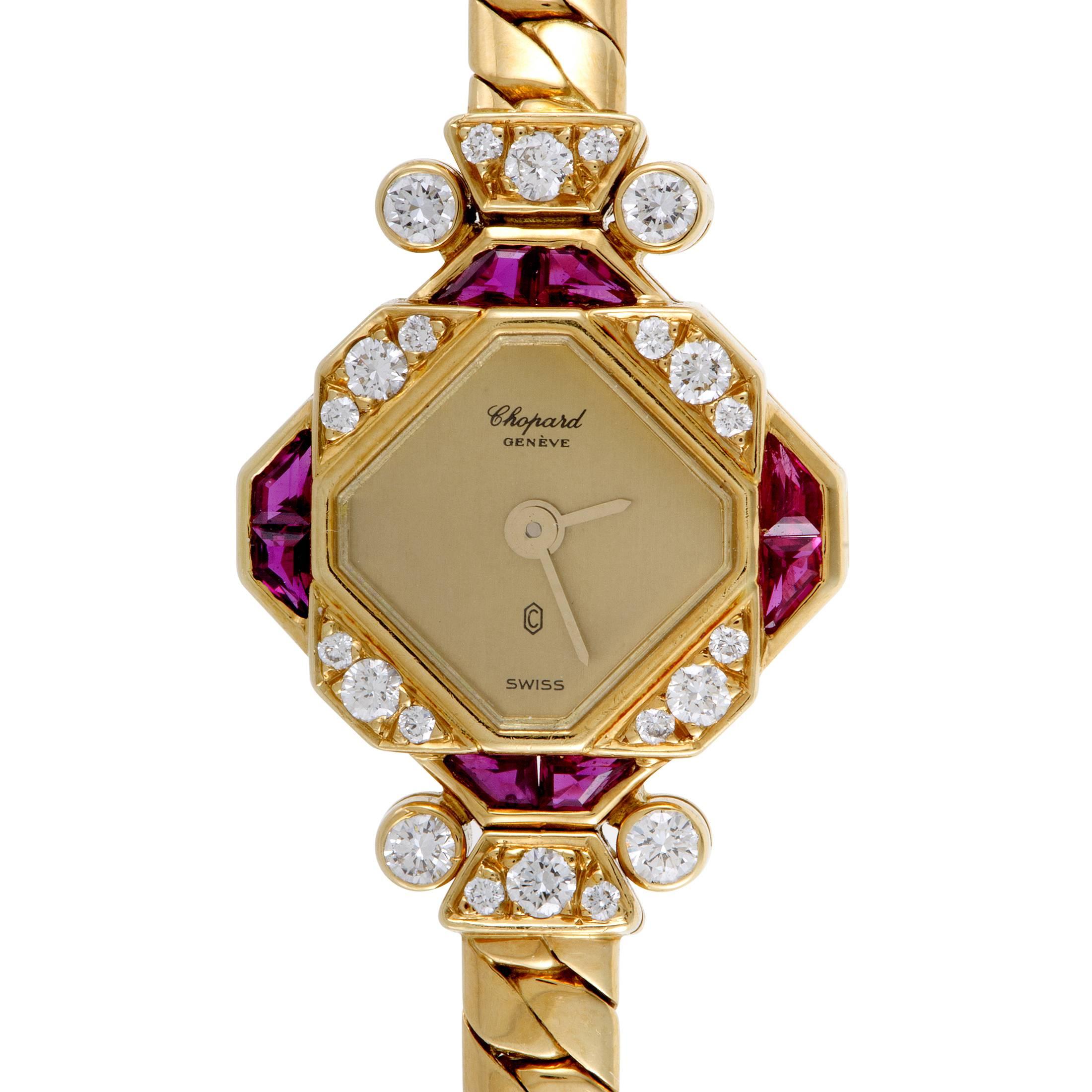 Tastefully combining delightfully feminine colors for a spellbinding overall tone, this fabulous timepiece from Chopard is an item of immense luxurious allure, painstaking precision and excellent legibility. Made of radiant 18K yellow gold and