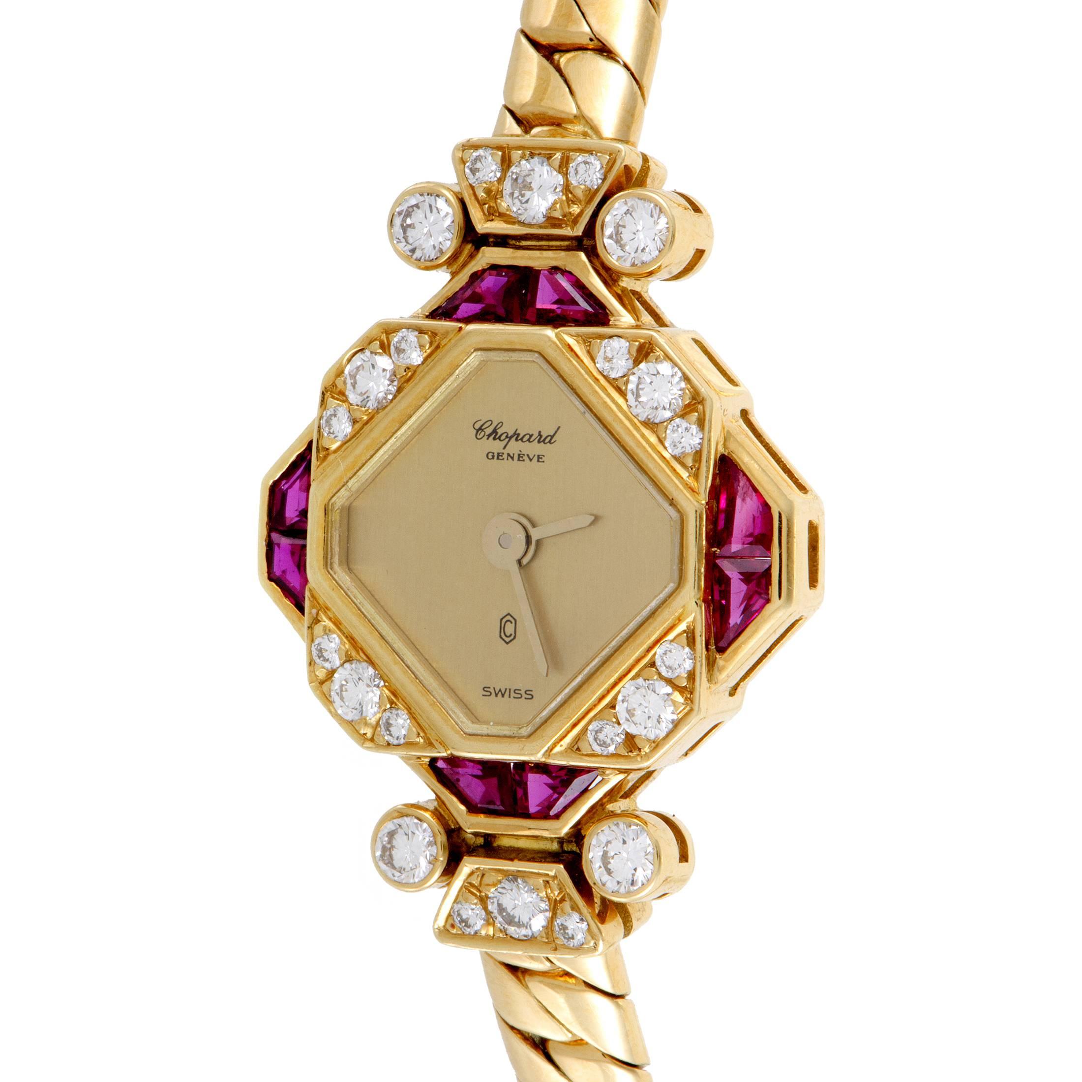 Chopard Ladies Yellow Gold Diamond Ruby Wristwatch In Excellent Condition In Southampton, PA