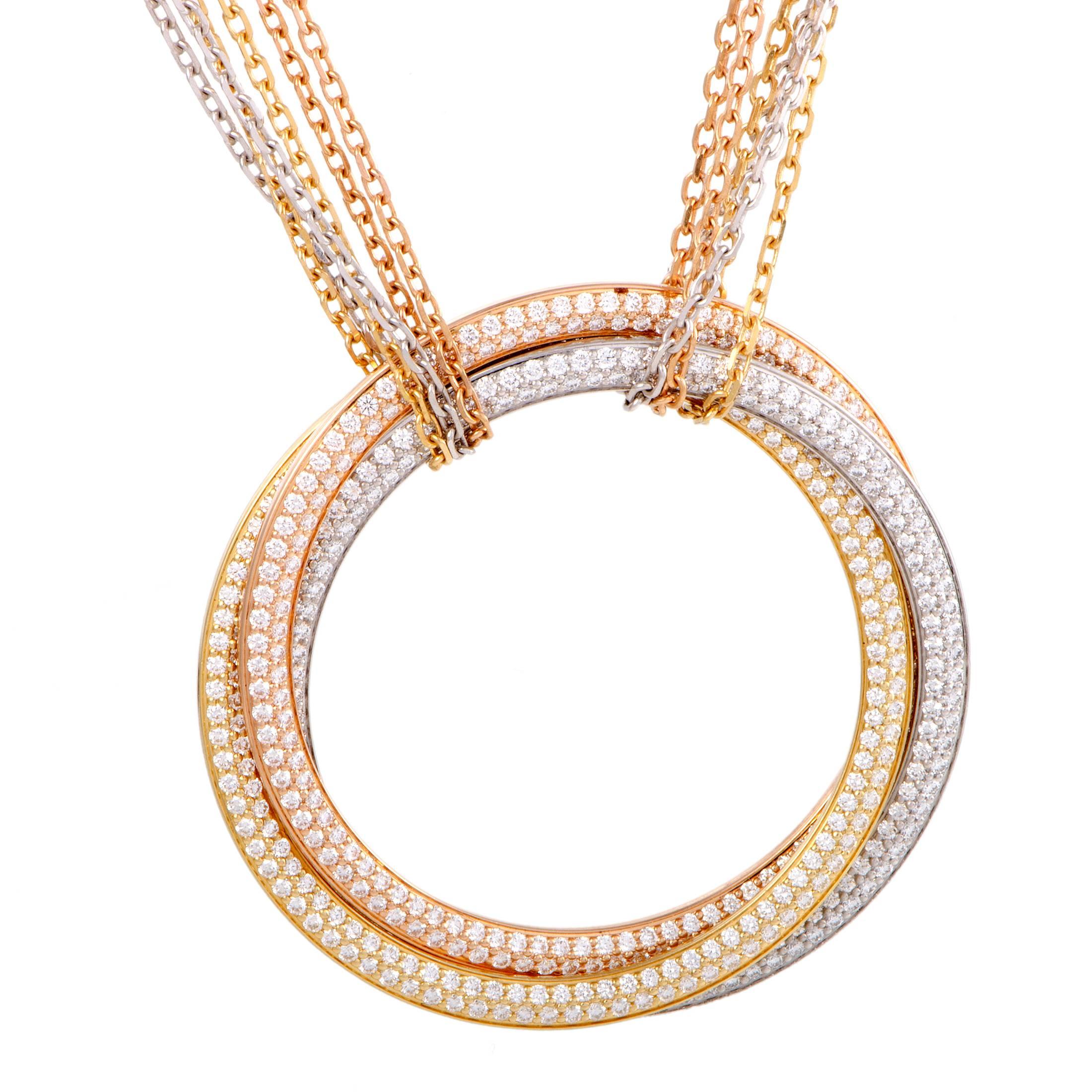 Cartier Trinity Diamond Pave Yellow White and Rose Gold Pendant Necklace In Excellent Condition In Southampton, PA