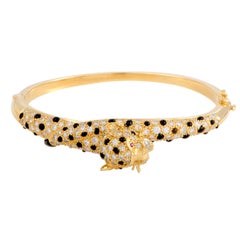 Diamond Ruby and Onyx Yellow Gold Bangle Bracelet 7
