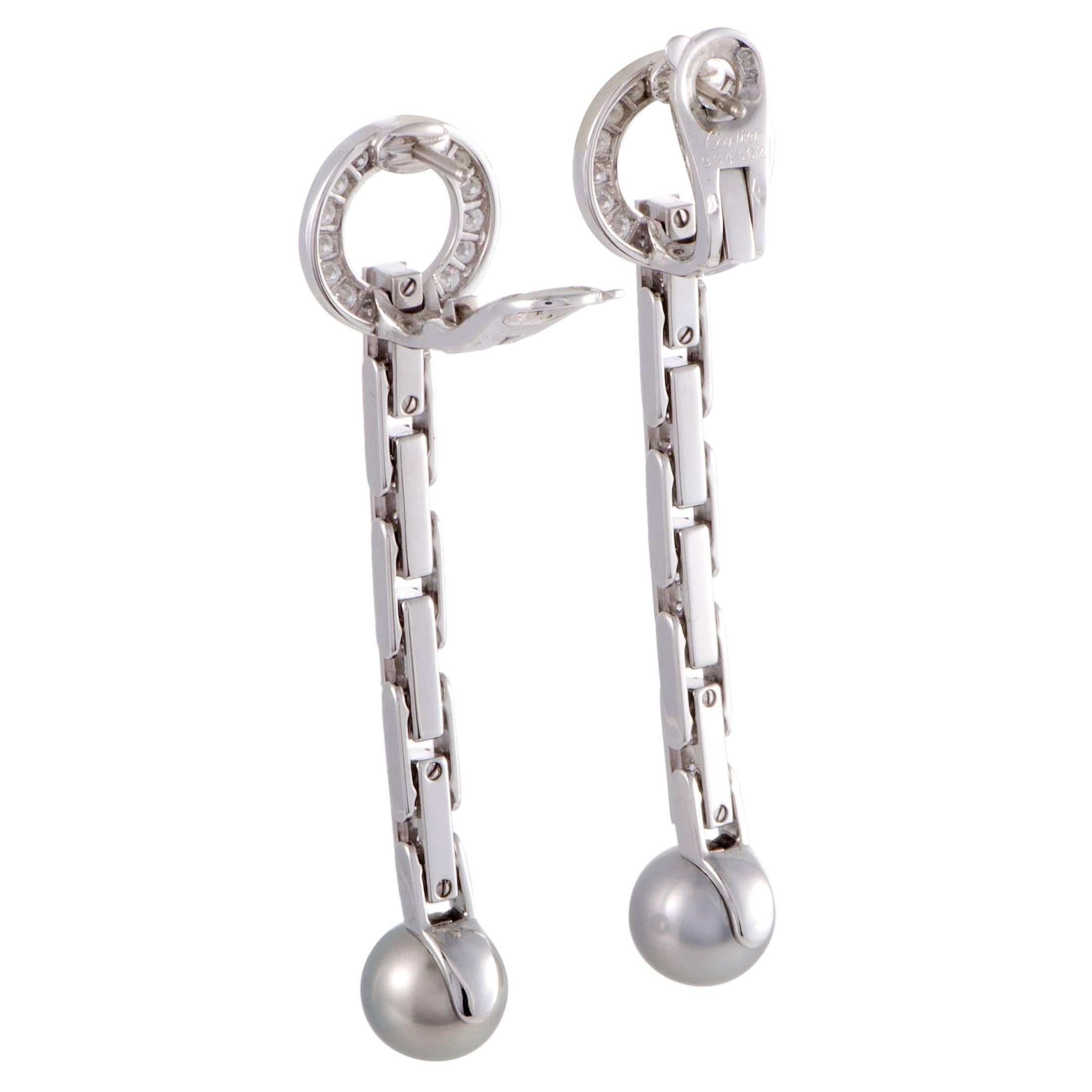 Cartier Agrafe Full Diamond Pave and Grey Pearl White Gold Long Drop Earrings In Excellent Condition In Southampton, PA