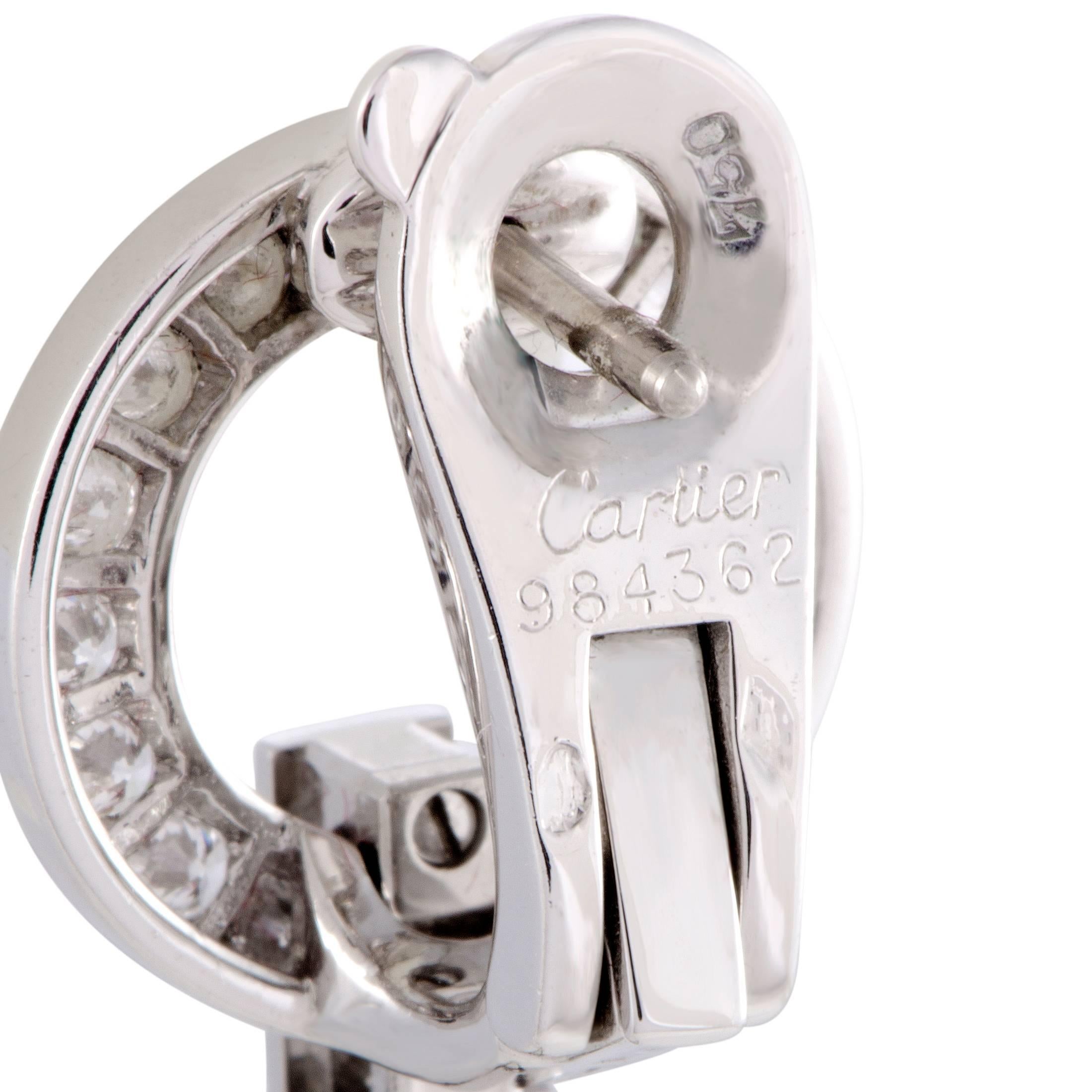 Women's Cartier Agrafe Full Diamond Pave and Grey Pearl White Gold Long Drop Earrings