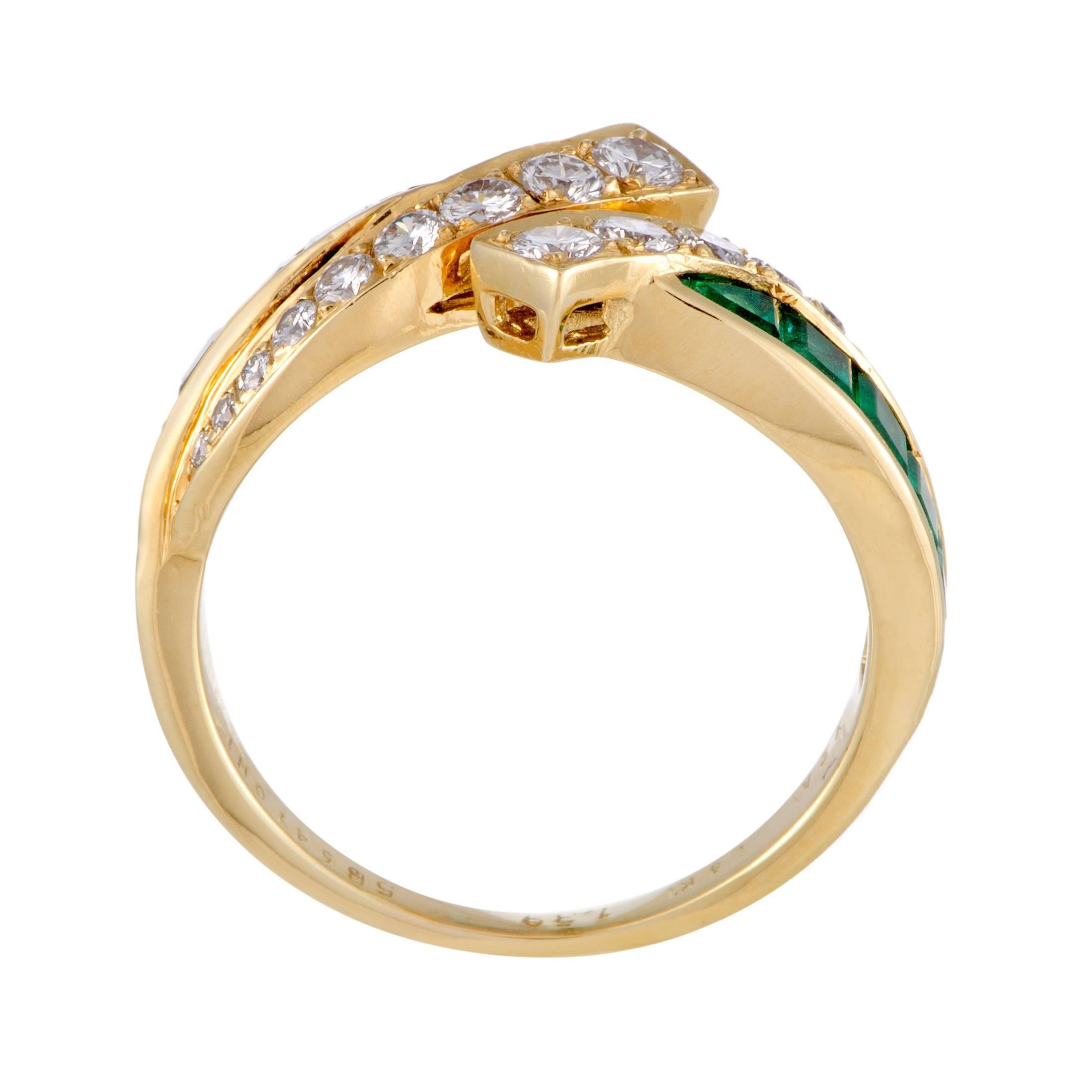 Prestigious sparkle, fabulous radiance and vivid color combine in this fascinating ring from Van Cleef & Arpels which is made of spotless 18K yellow gold, nifty emeralds totaling 0.85ct and lustrous diamonds amounting to 0.50ct for a majestic