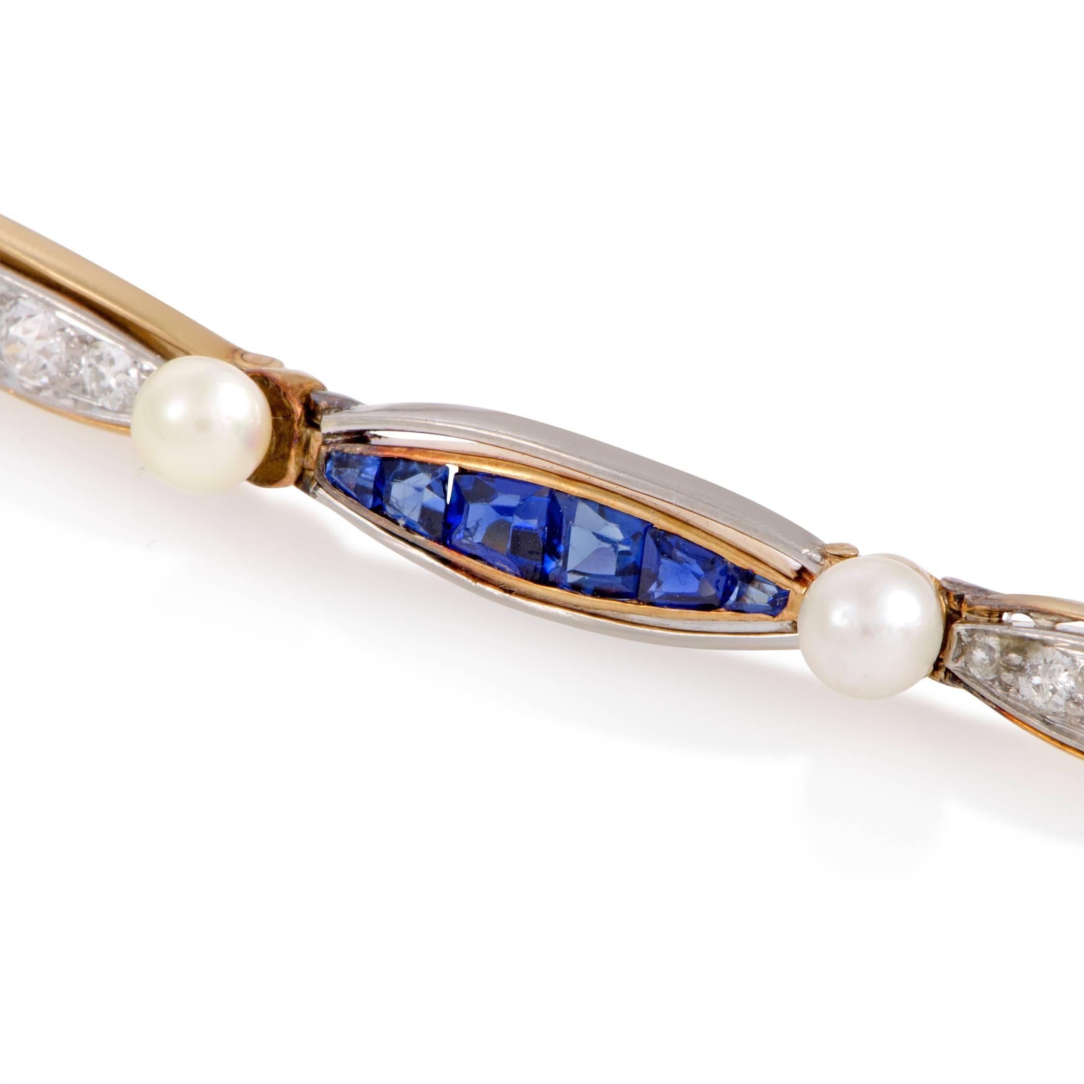 Women's Diamond Sapphire and Pearl Yellow and White Gold Bracelet