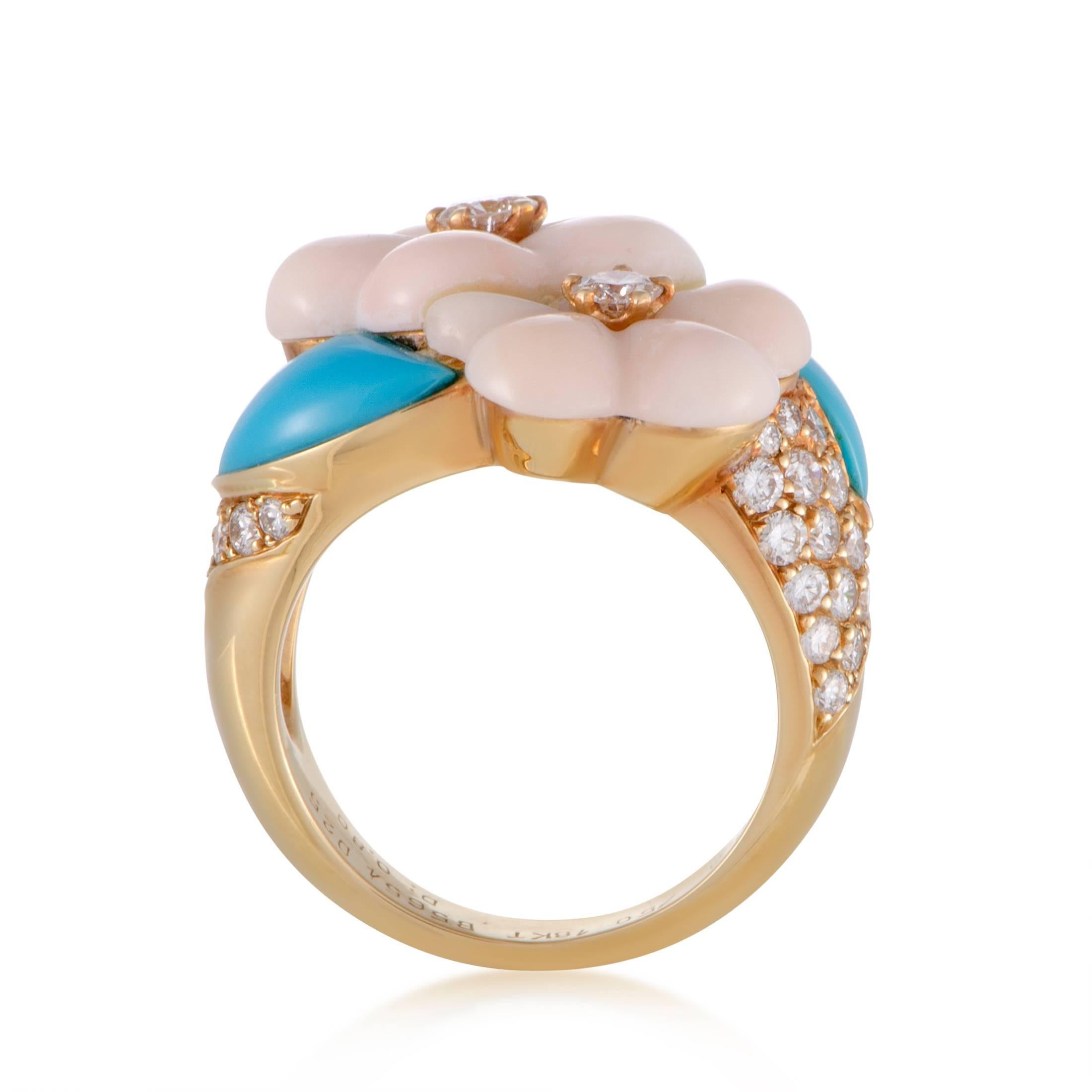 Designed in the brand’s distinctive manner of employing gentle colors to brilliantly depict nature, this flower-inspired ring from Van Cleef & Arpels is made of radiant 18K yellow gold with lovely turquoise and coral stones as well as sparkling