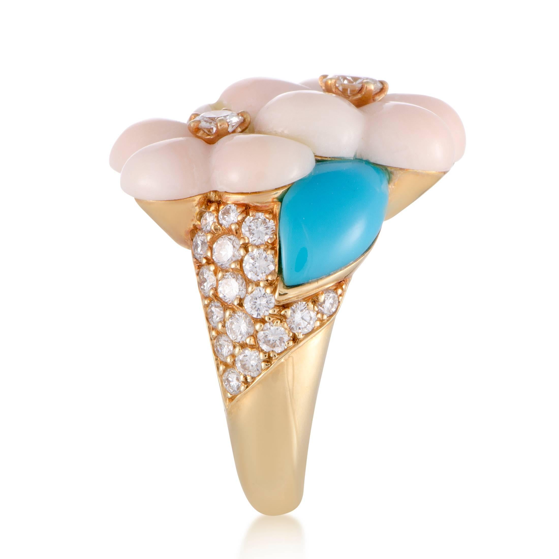 Van Cleef & Arpels Diamond Coral and Turquoise Yellow Gold Ring In Excellent Condition In Southampton, PA