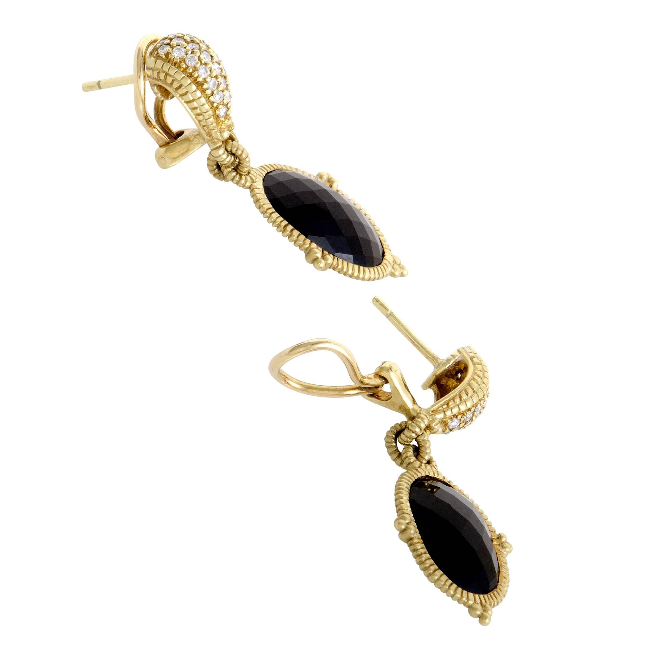 Judith Ripka Diamond and Onyx Yellow Gold Drop Earrings In Excellent Condition In Southampton, PA