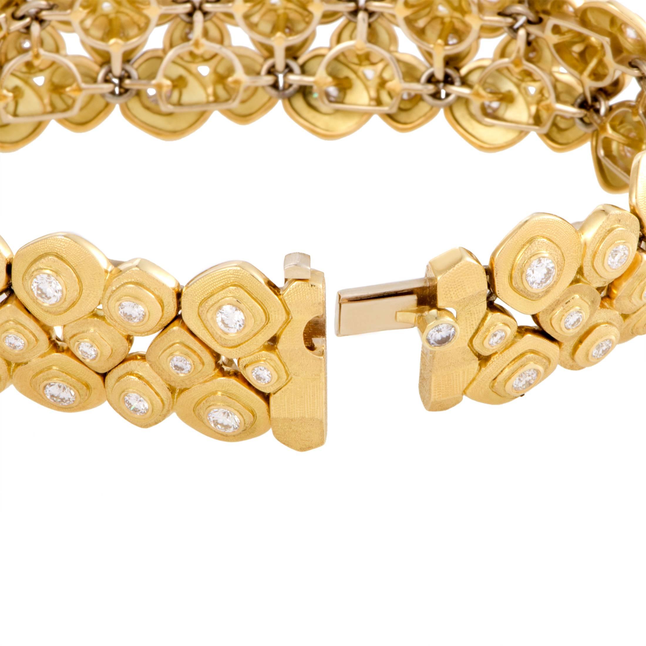 Alex Sepkus Diamond Studded Three-Row Pebble Yellow Gold Bracelet In New Condition In Southampton, PA