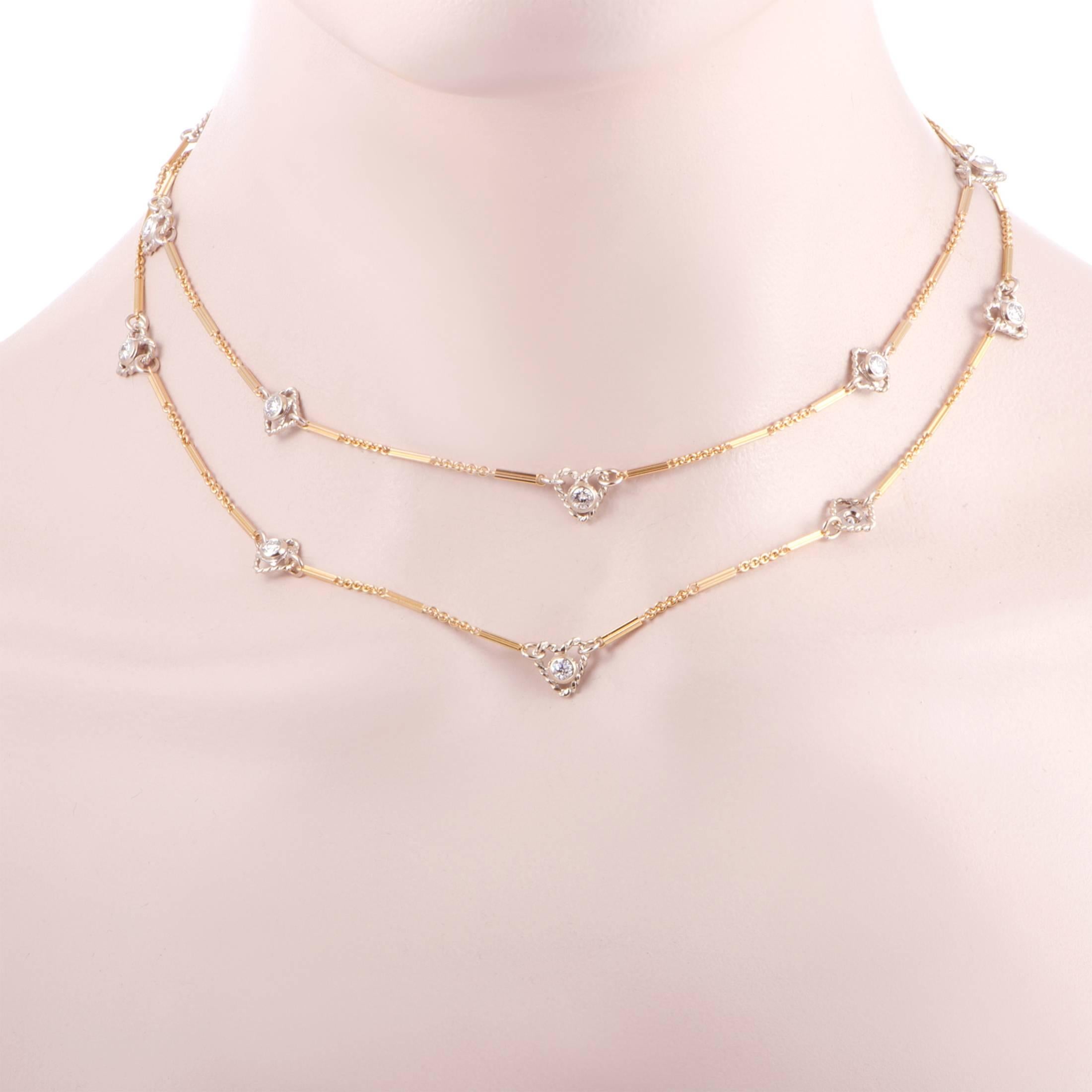 Simple and captivating at the same time, this necklace embodies the essence of luxurious elegance and classy prestige. Made of 14K yellow and white gold, its luxurious appeal is enhanced by the 2.20 carats of sparkly diamonds set along the chain.