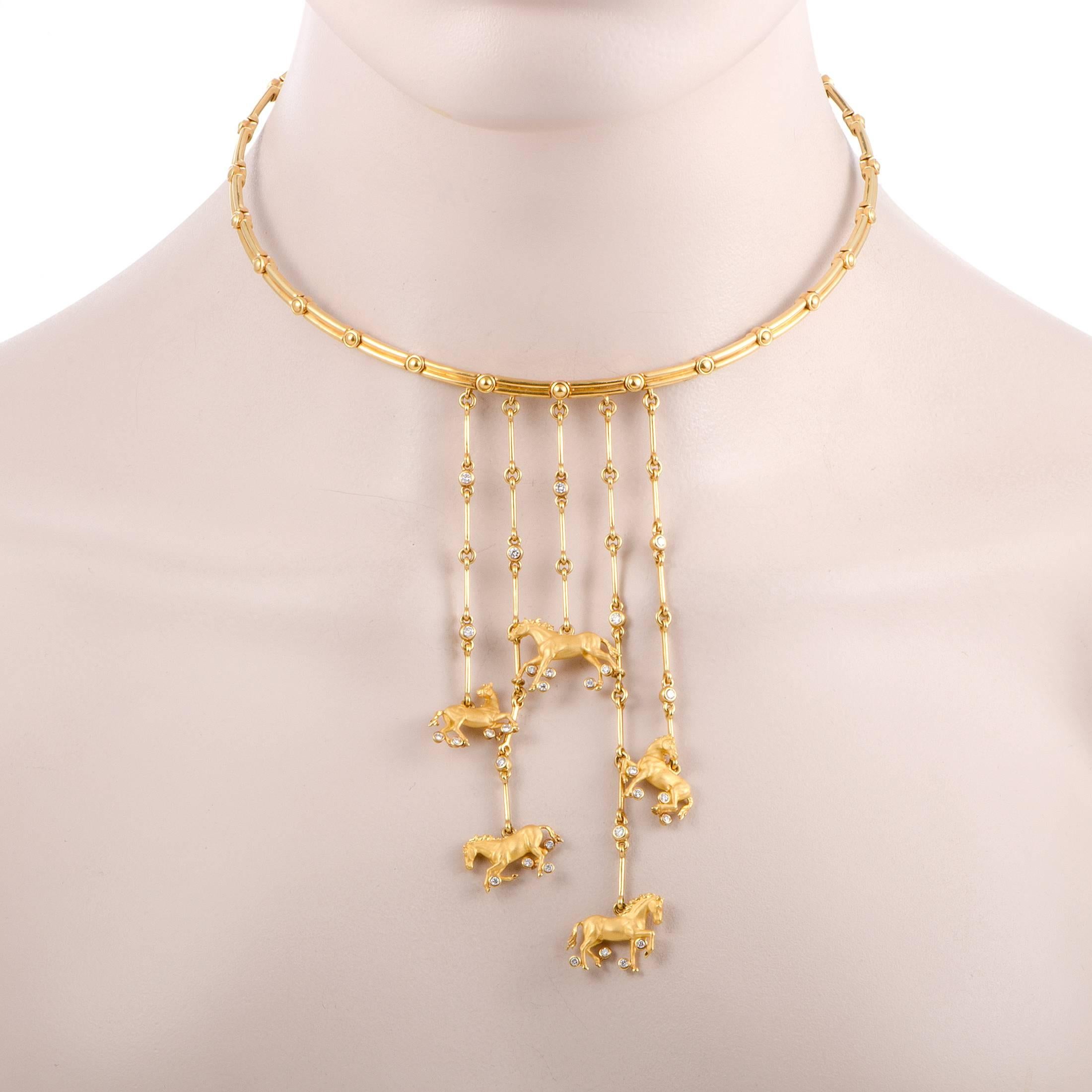 This Carrera y Carrera's Ecuestre collection necklace perfectly resonates with plunging necklines. Crafted from 18K yellow gold and accented with 0.98 carats of diamonds, it brings your ensemble a sparkling touch of country flair infused with