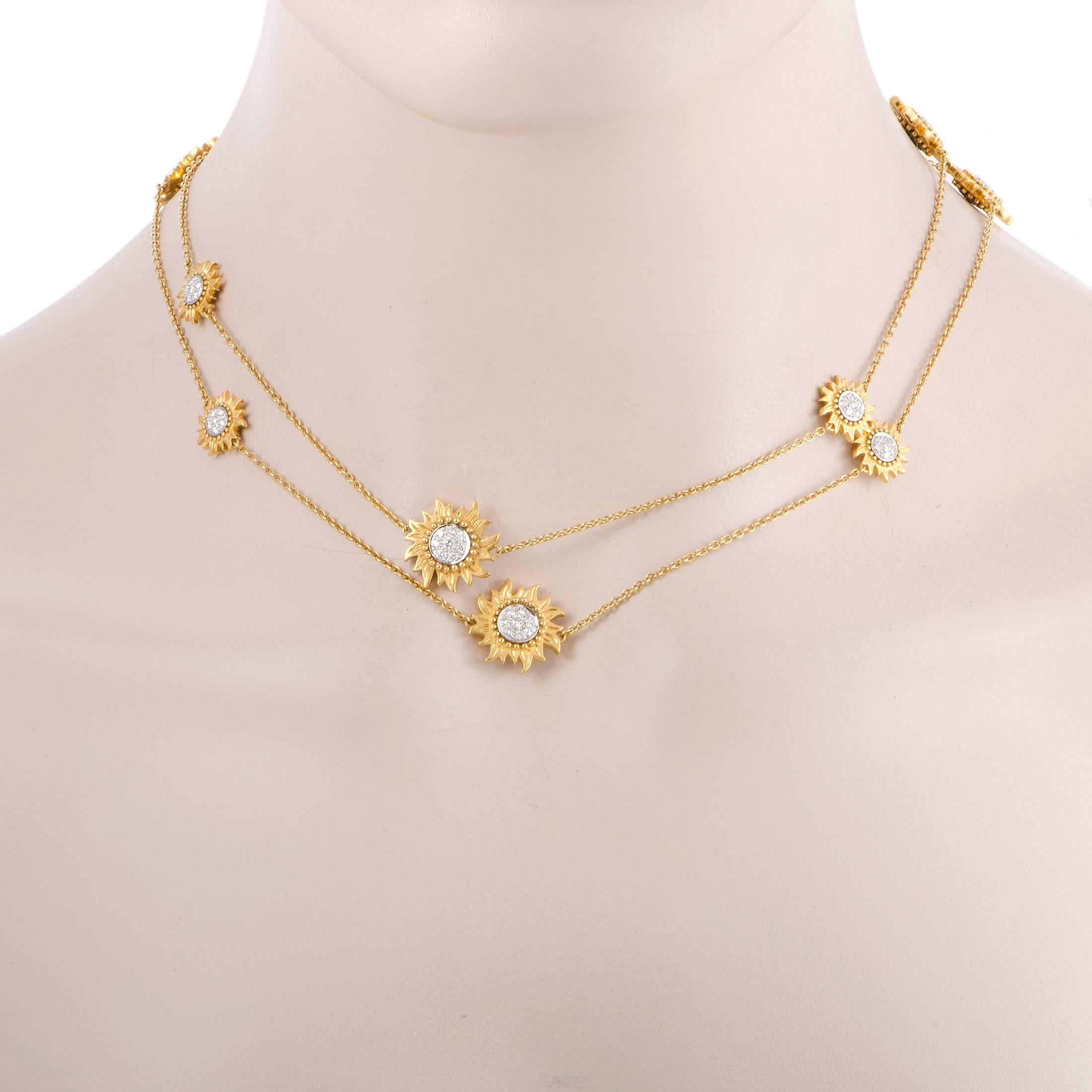 Add flower power to your ensemble with this gorgeous Sol y Sombra necklace bedecked with sunflowers. The necklace is accented with 2.5ct of diamonds and crafted in 18K yellow and white gold by Carrera y Carrera. If you’re wondering how to infuse