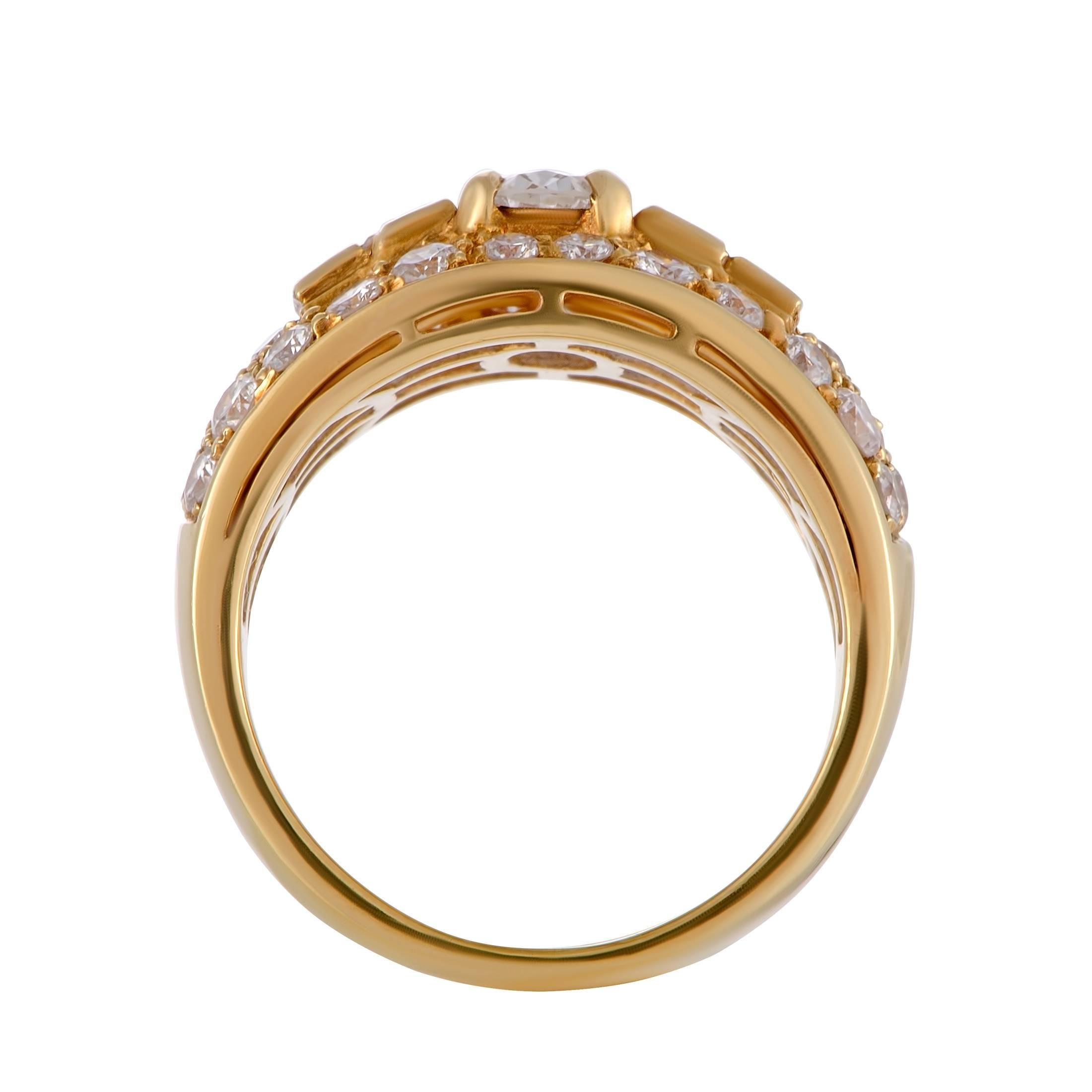 Incredibly refined and opulent at the same time, this stunning ring designed by Bvlgari is made of enchanting 18K yellow gold and embellished with an array of spectacular diamond stones, with the one at the center weighing approximately 0.60 carats