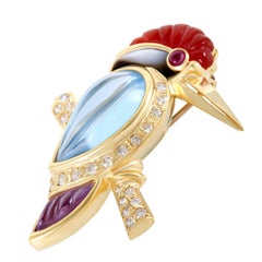 Diamond and Gemstone Yellow Gold Bird Pendant Brooch