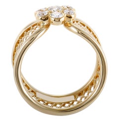 Van Cleef & Arpels Fleurette Diamond Flower Yellow Gold Basket Weave Ring