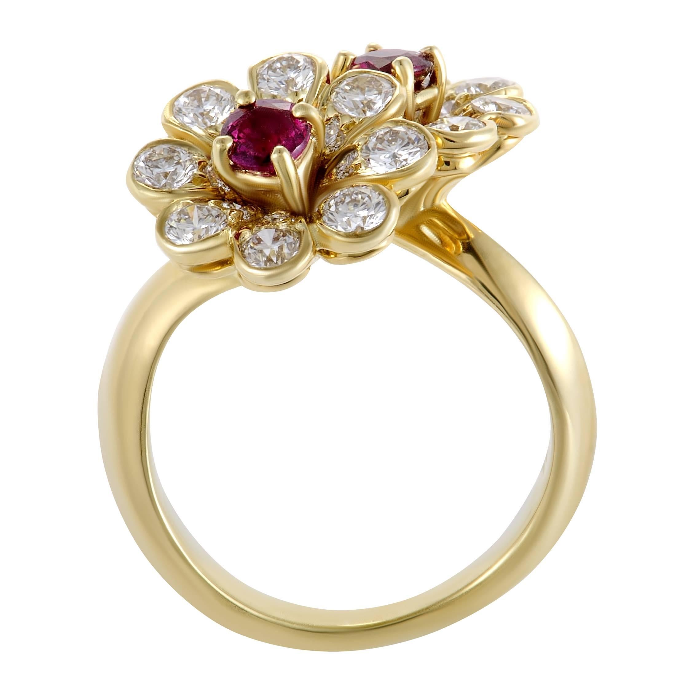 The classy luxurious materials and the lovely floral design produce a gorgeous feminine effect in this sublime ring presented by Tiffany & Co. that is made of alluring 18K yellow gold and decorated with 0.17 carats of nifty rubies and 0.55 carats of
