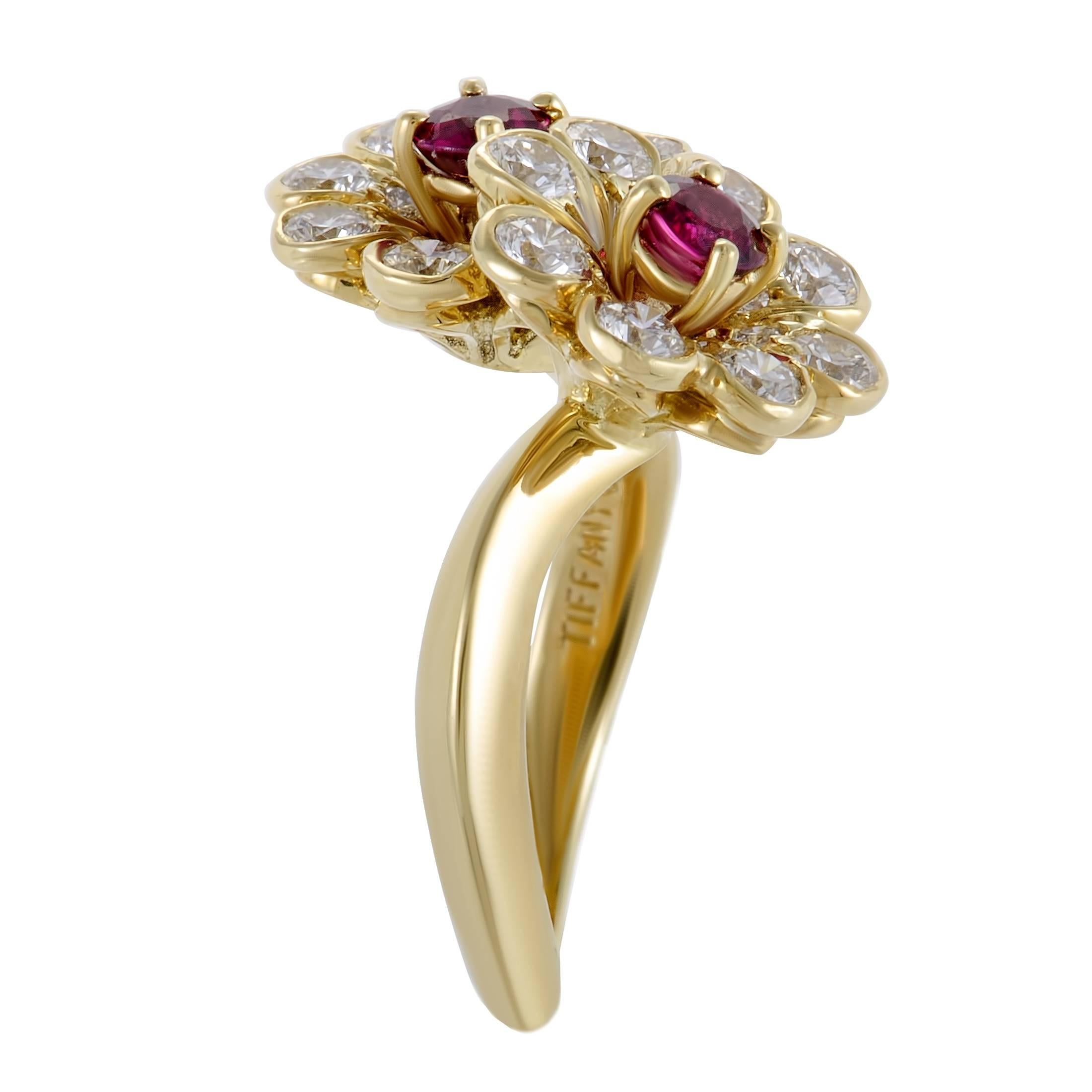 Tiffany & Co. Diamond and Ruby Yellow Gold Flower Ring In Excellent Condition In Southampton, PA