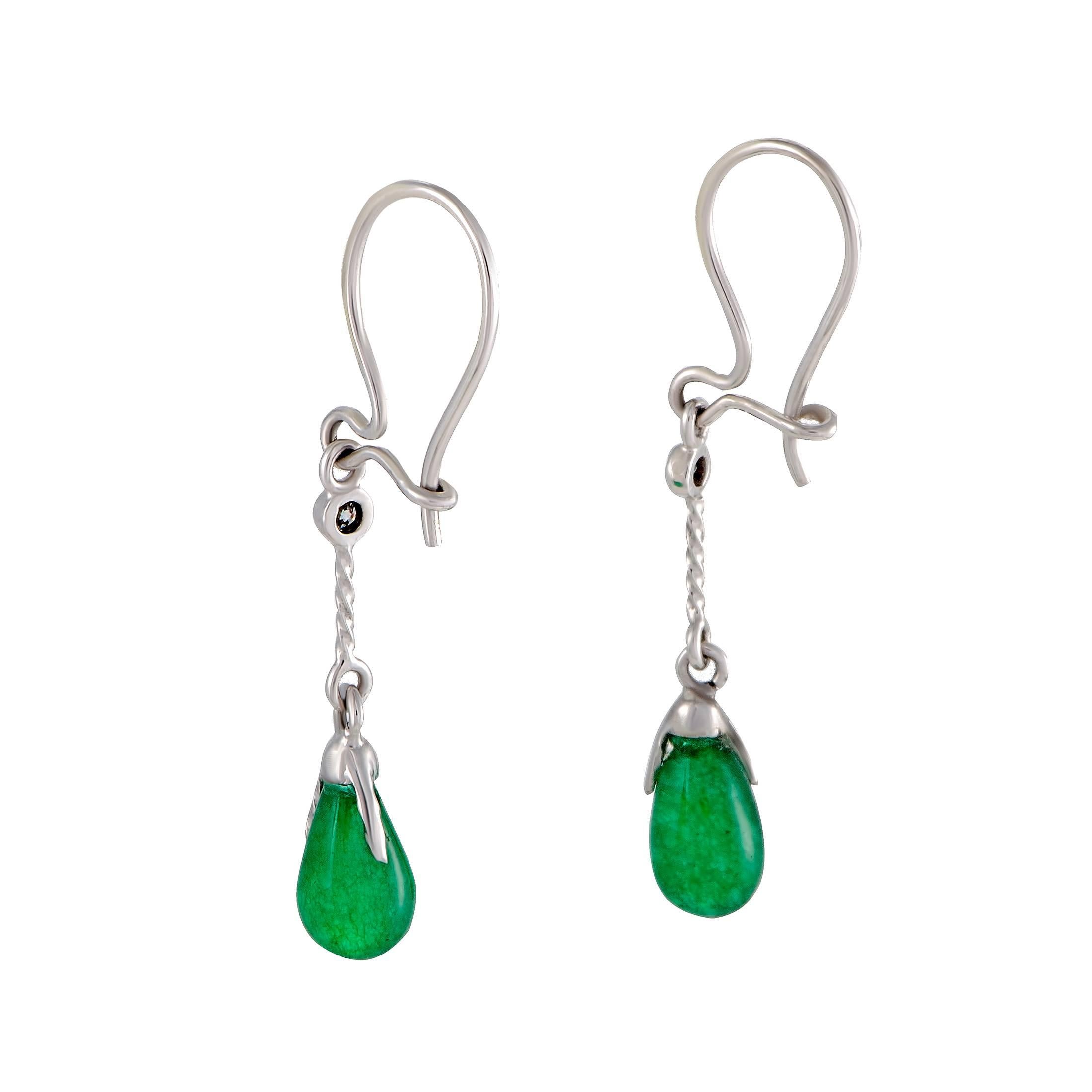 Diamond and Emerald Briolette White Gold Dangle Earrings In Excellent Condition In Southampton, PA