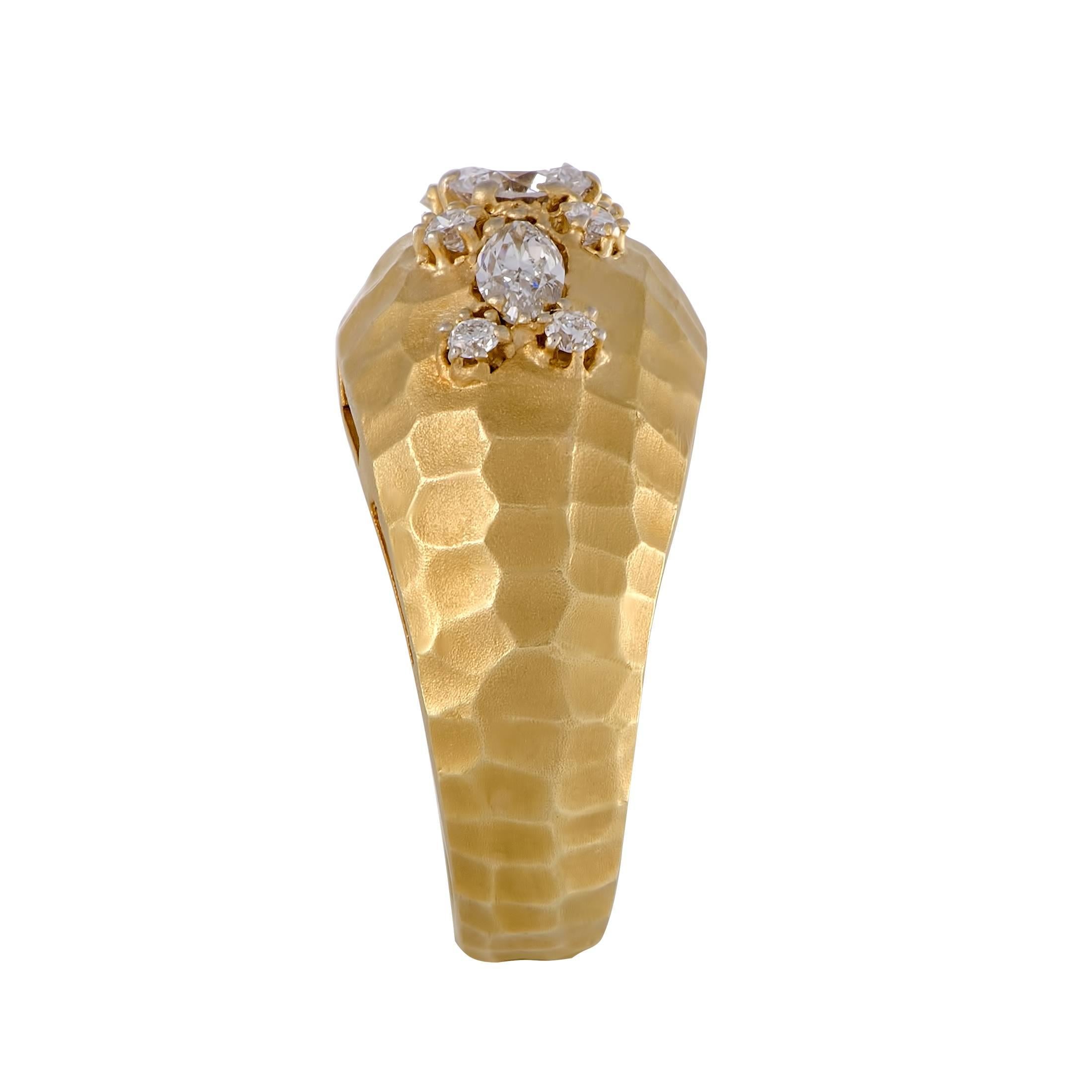 David Shul Diamond Cluster Hammered Yellow Gold Band Ring In Excellent Condition In Southampton, PA