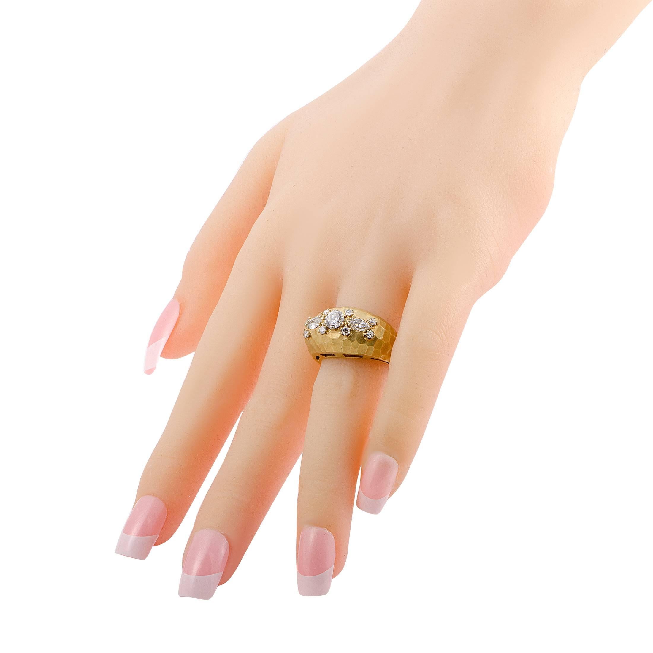 Women's David Shul Diamond Cluster Hammered Yellow Gold Band Ring