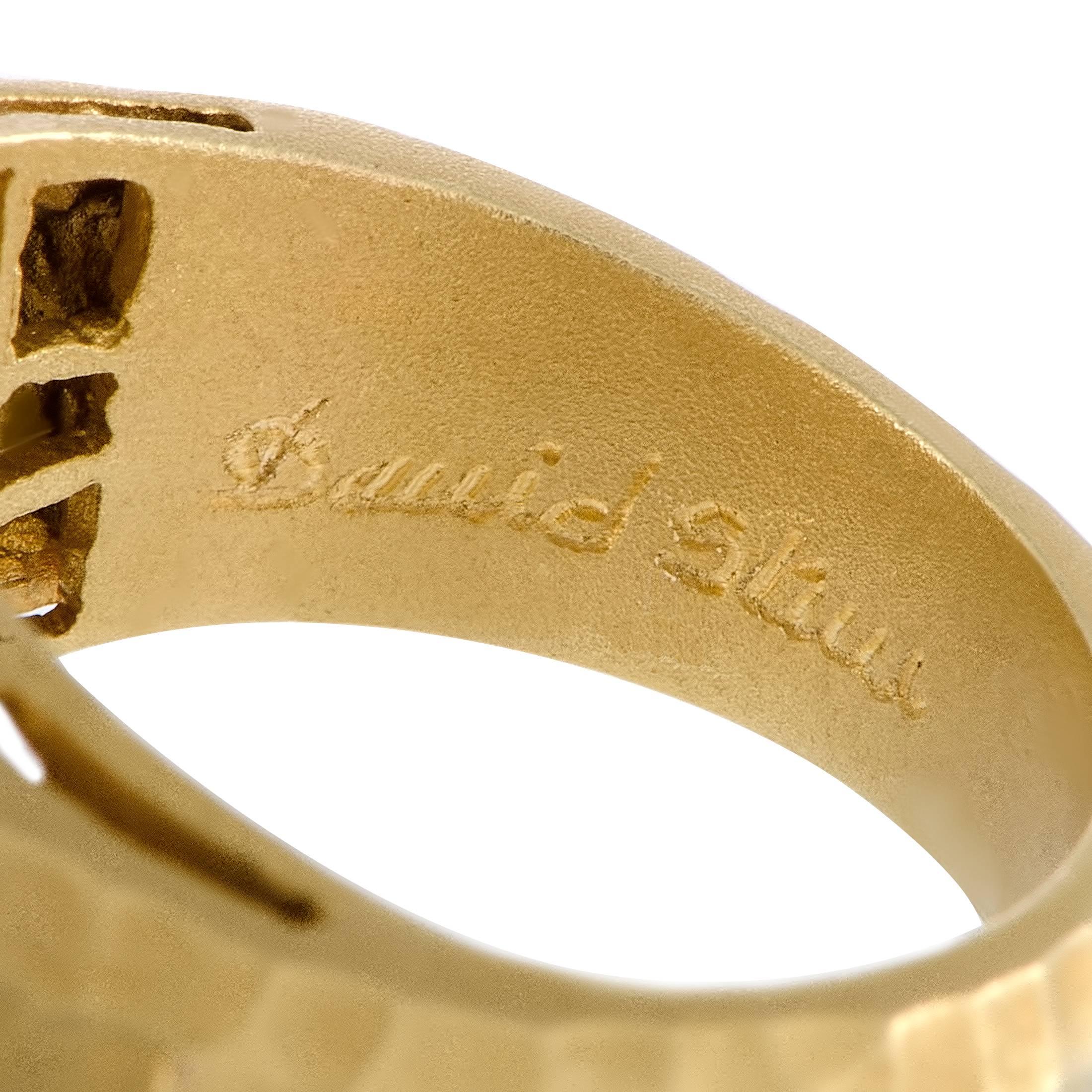 David Shul Diamond Cluster Hammered Yellow Gold Band Ring 1
