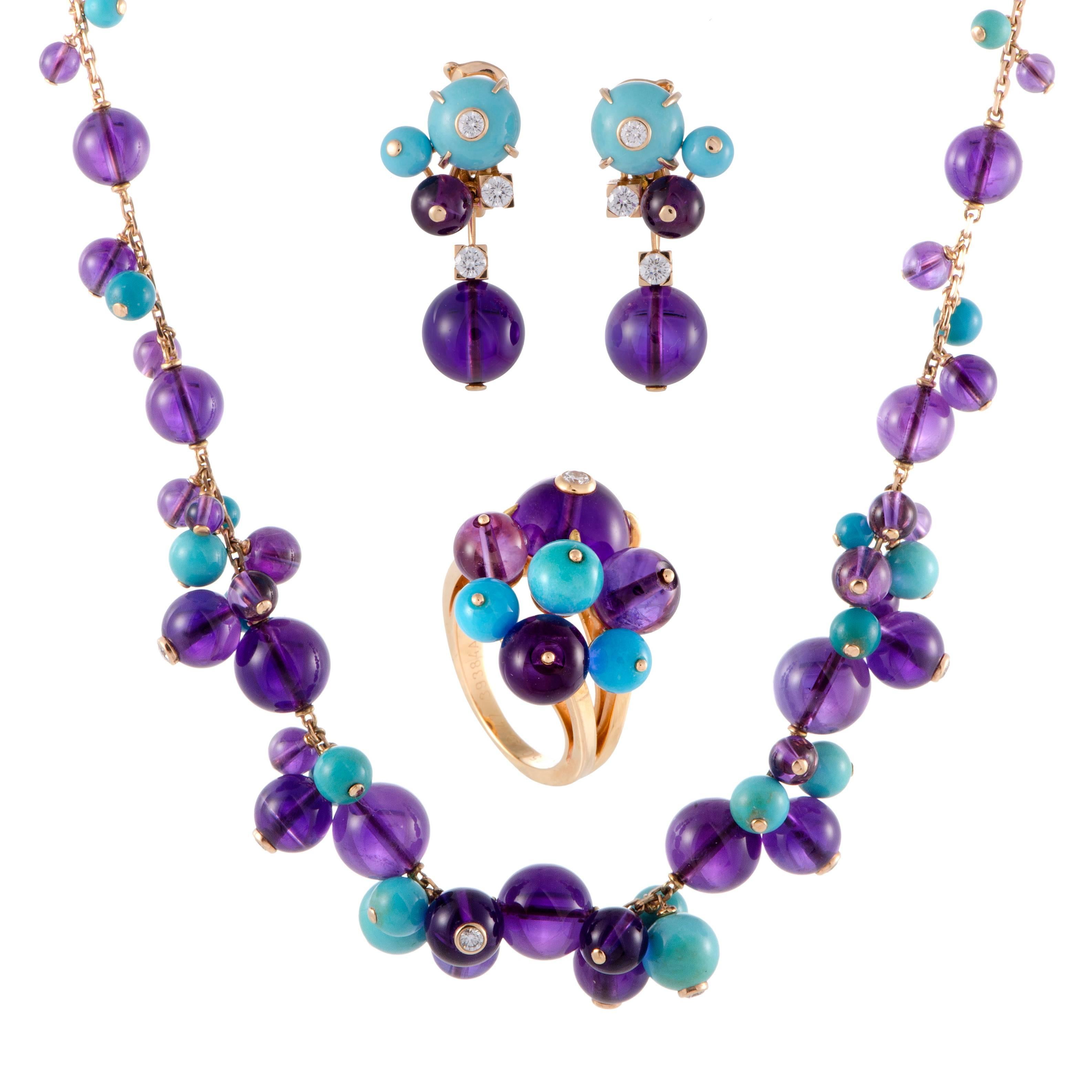 Cartier Delices de Goa Diamond Amethyst and Turquoise Rose Gold Jewelry Set