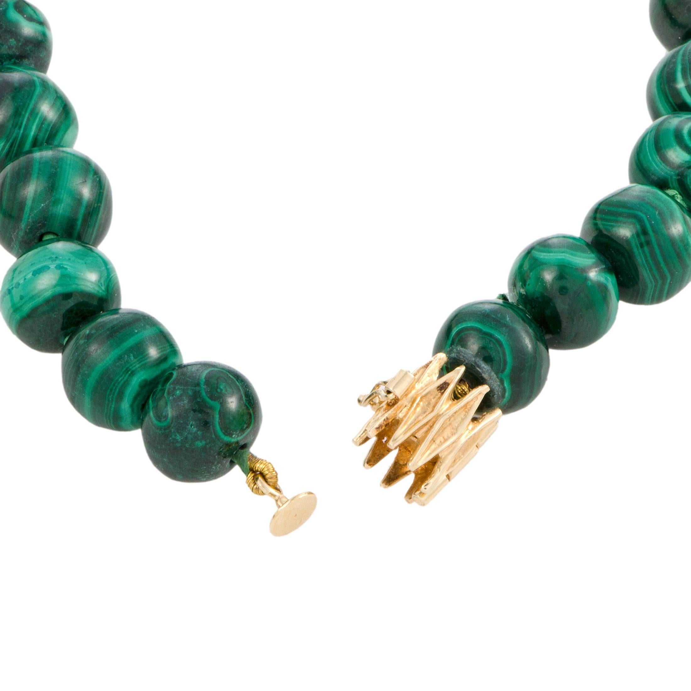 Diamond and Malachite Yellow Gold Beaded Choker Necklace In Excellent Condition In Southampton, PA