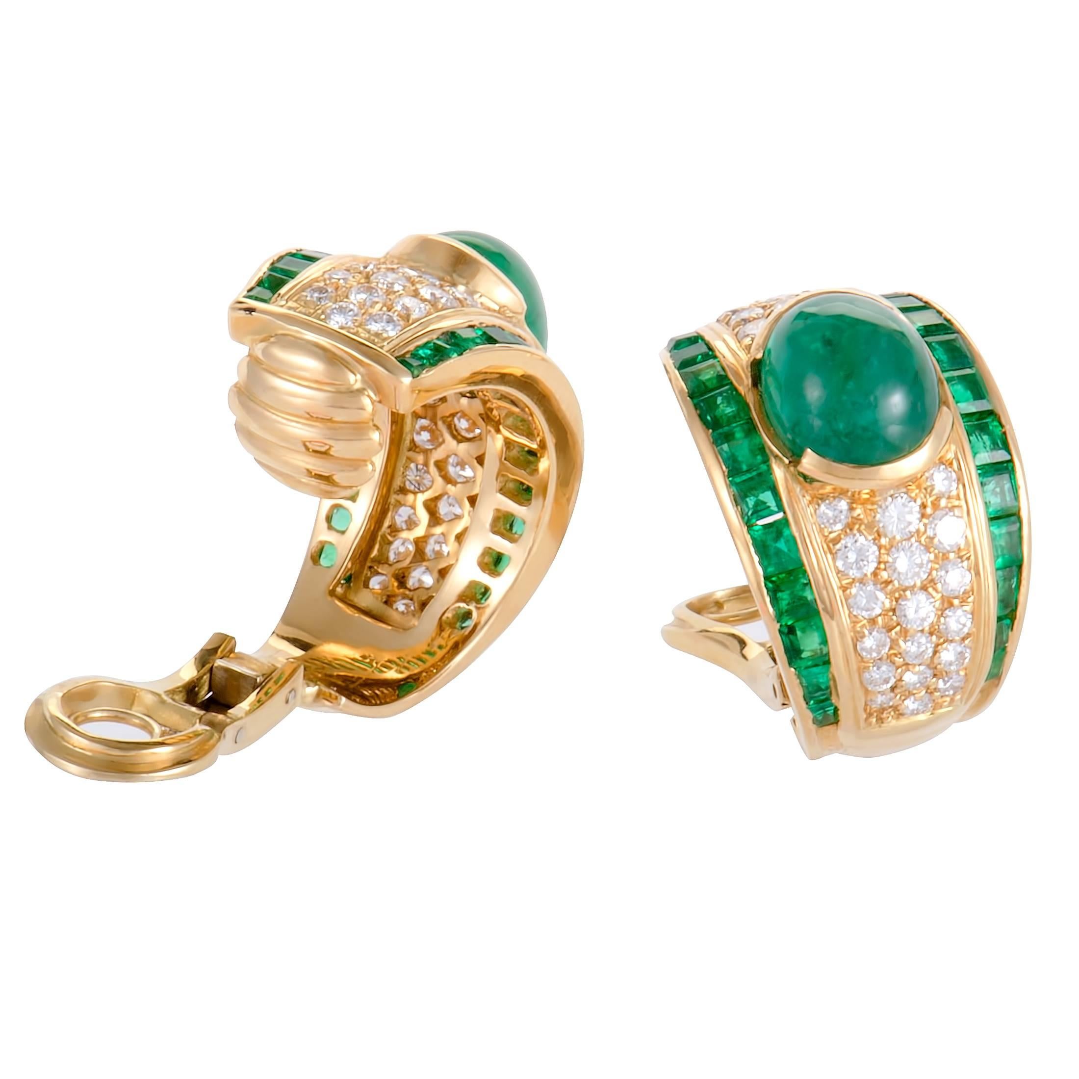 Emerald Diamond Pave Gold Clip-On Earrings In Excellent Condition In Southampton, PA