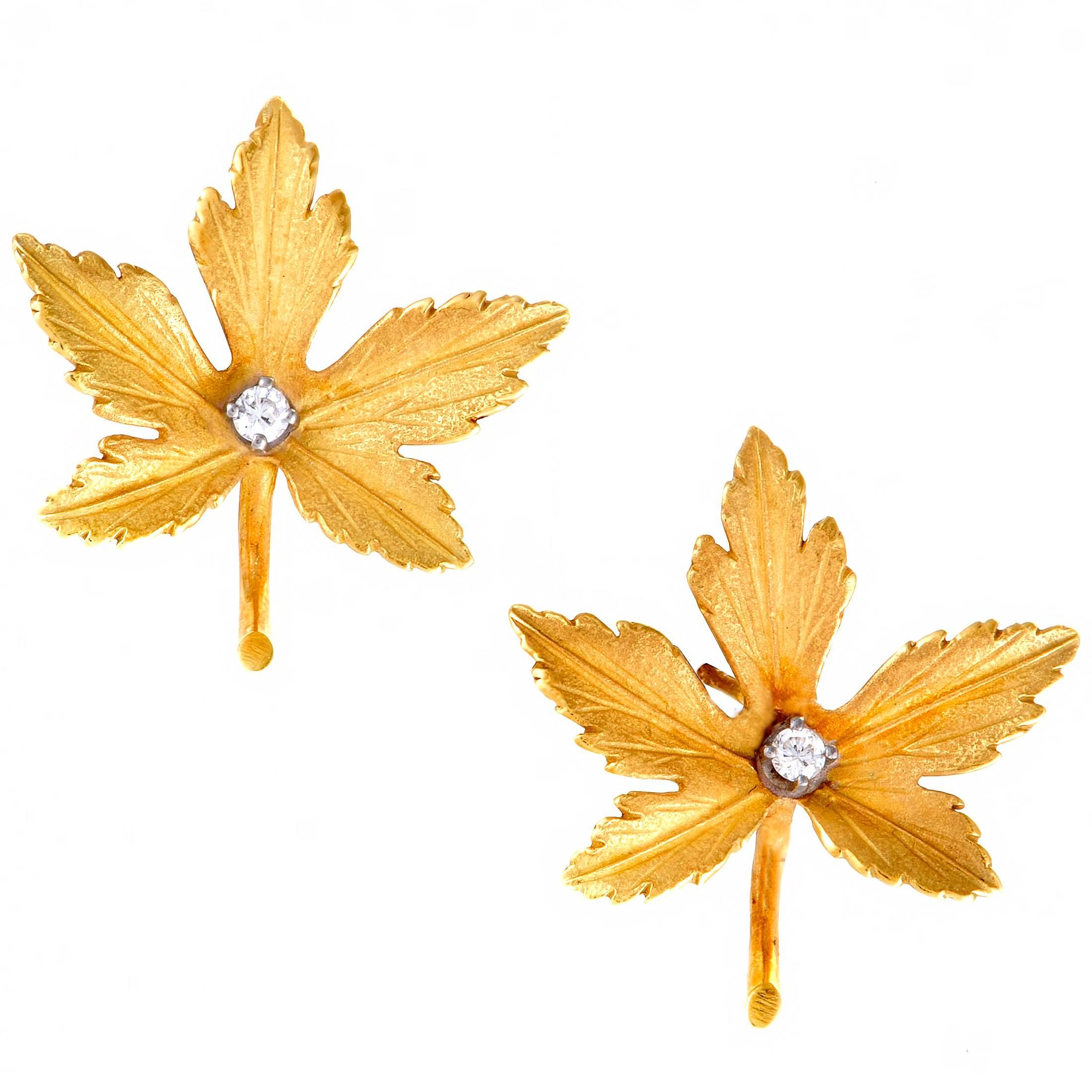 Diamond Yellow Gold Leaf Earrings and Brooch Set In Excellent Condition In Southampton, PA