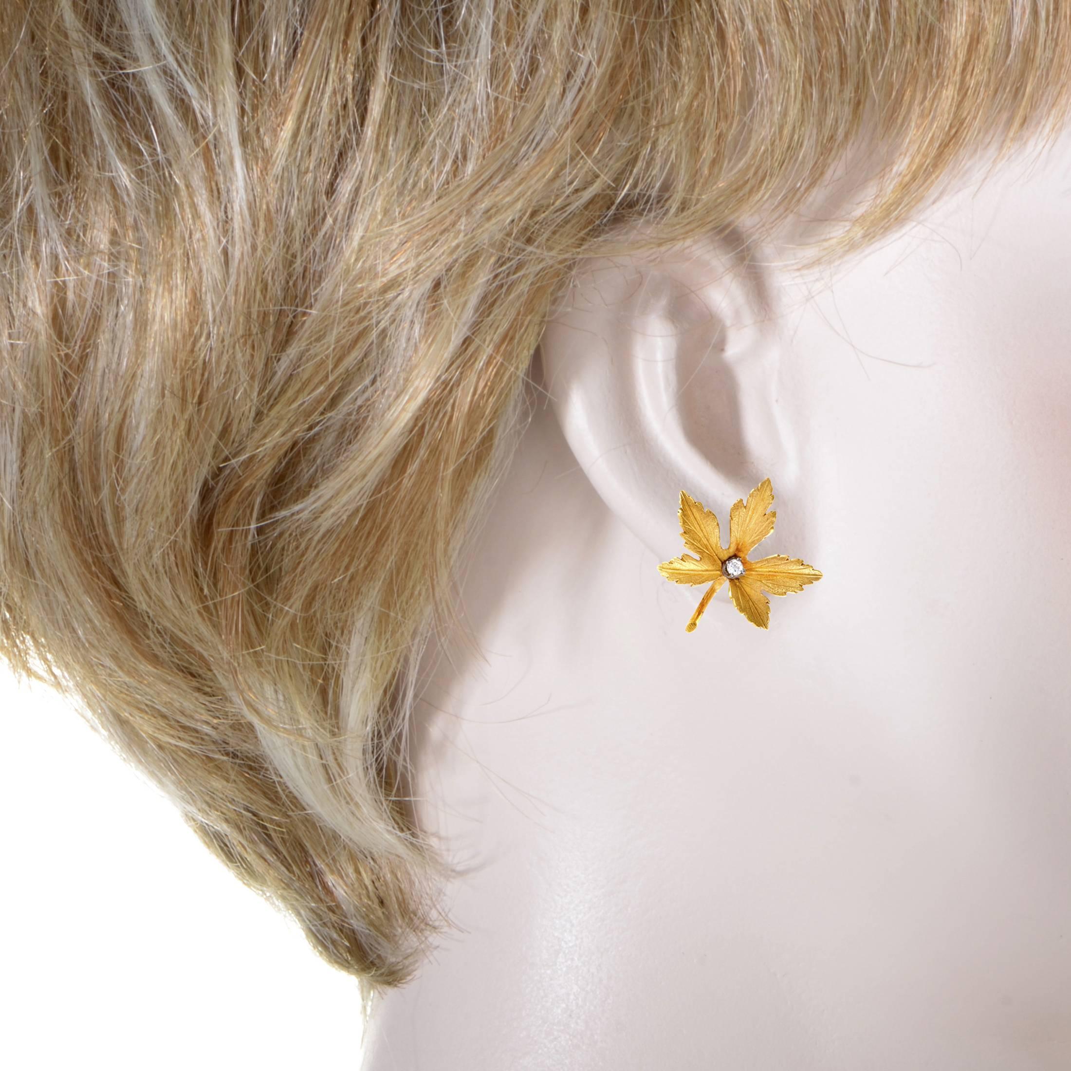 Women's Diamond Yellow Gold Leaf Earrings and Brooch Set